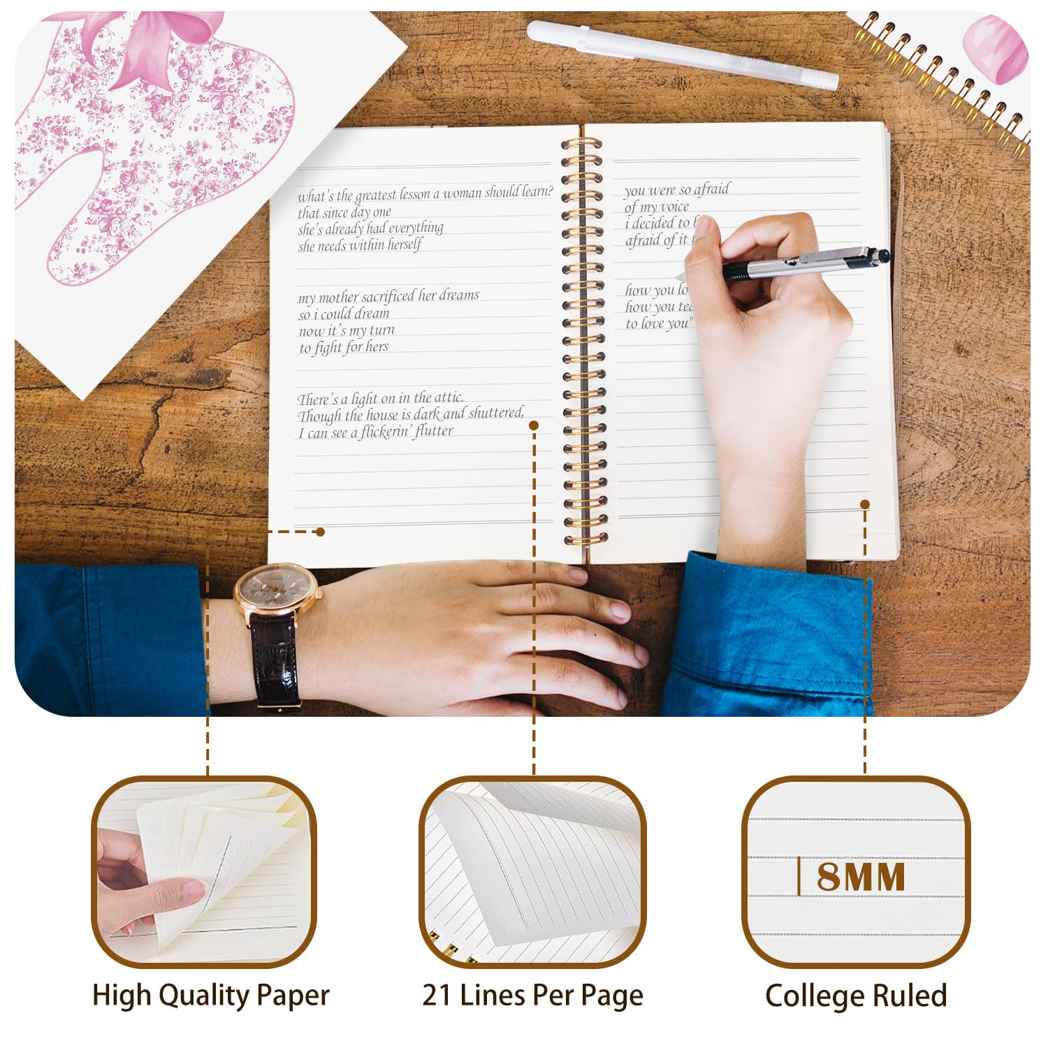 Dentist Gifts Pink Spiral Notebook Journal Dentist Dental Gifts for Women Notebooks for Note Taking Coquette Bow Chinoiserie — view 3