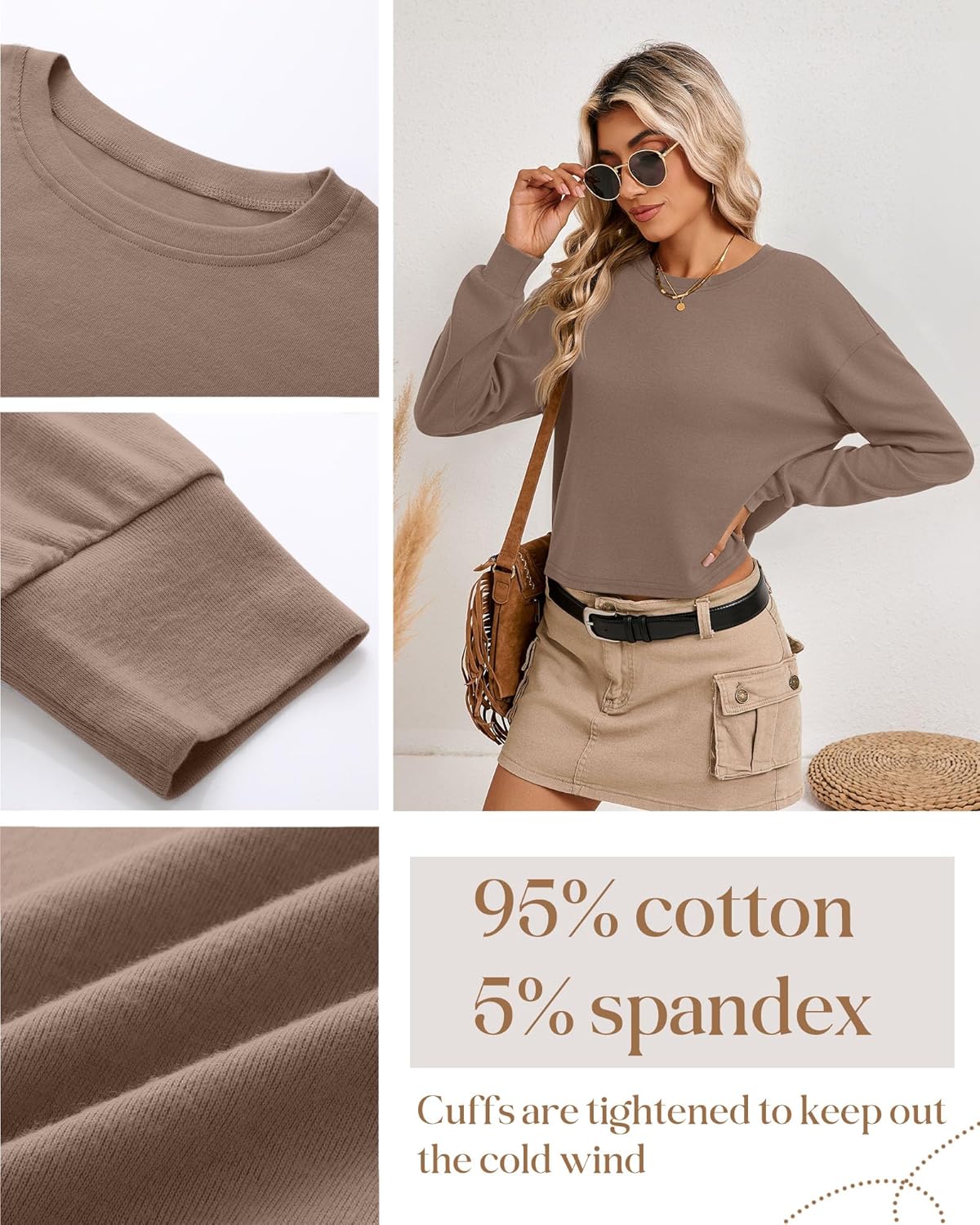 Ficerd 3 Pack Cotton Cropped Long Sleeve Tops for Women Loose Fit Crew Neck Drop Shoulder Crop T Shirts Basic Tee - Image 5