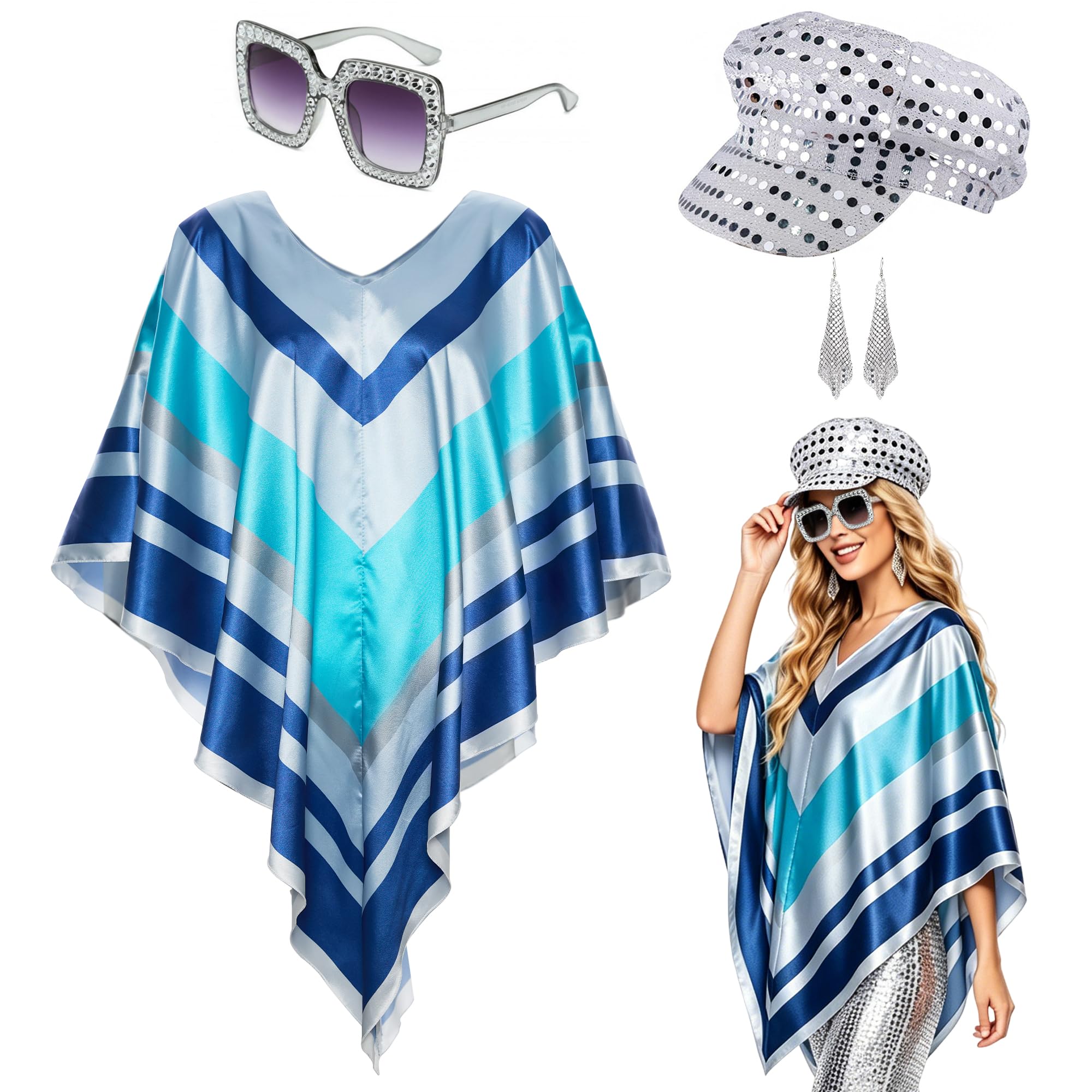 Sekepingo 4 Pcs 70s-Themed Costume Set, Women Blue Sequin Party Outfit abba outfits for women 、Striped Satin Cape Top, Sequin Disco Cap, Earrings, and Sunglasses 70s Retro Ensemble