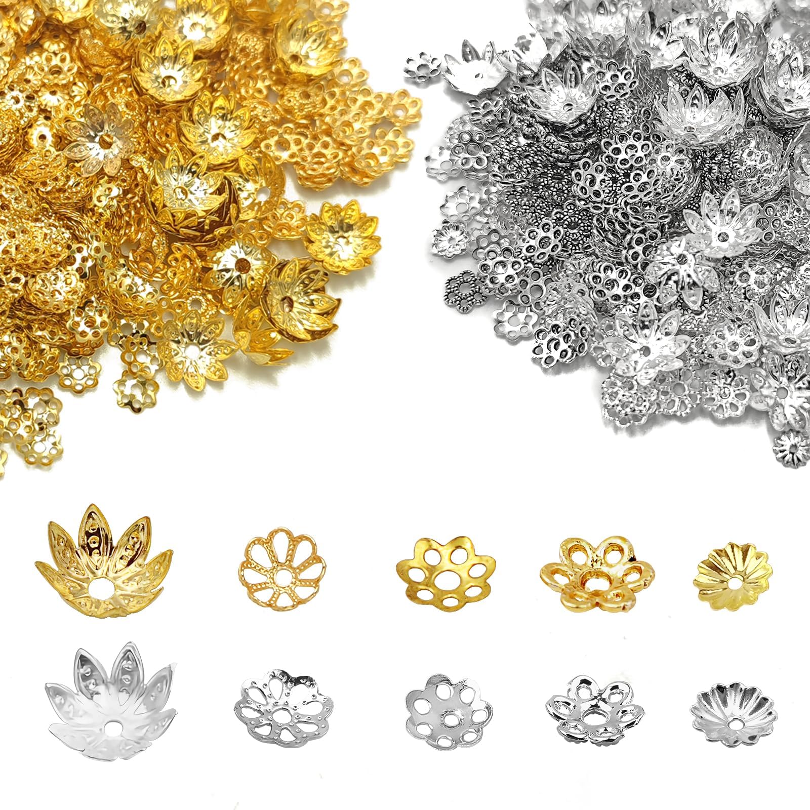 Bead Caps, Flower Seats, Bead Caps, Approximately 1,500 Pieces, Tsumami Crafts, Buds, Pearl Fittings, Flower Earrings, Accessories, Parts, Crafts, Handmade, DIY Materials (Gold + Silver)