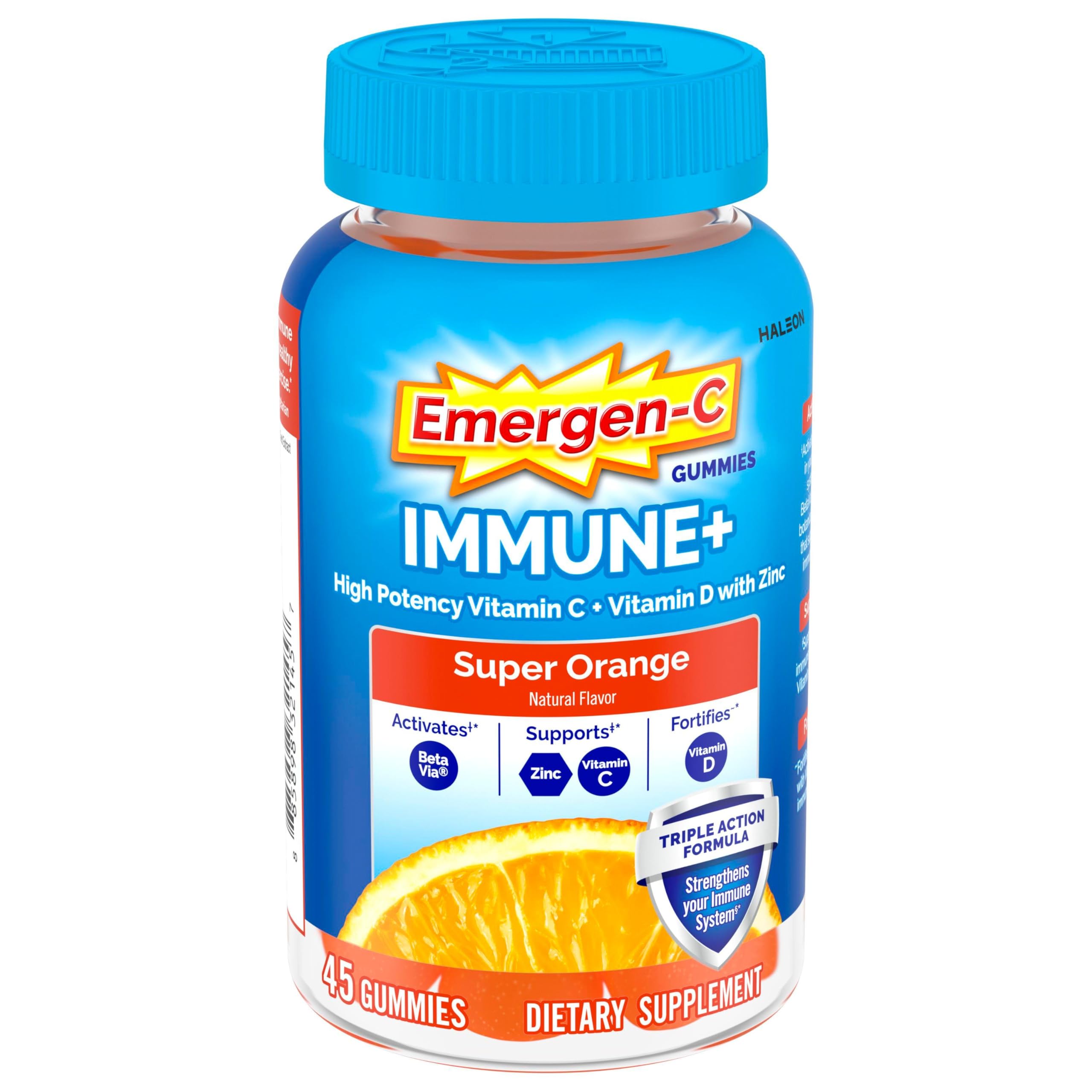Emergen-C Immune+ Immune Gummies, Vitamin D plus 750 mg Vitamin C, Immune Support Dietary Supplement, Caffeine Free, Gluten Free, Super Orange Flavor - 45 Count