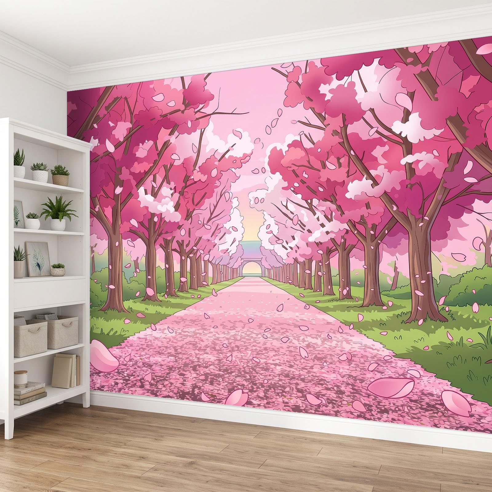 Panoramiczna tapeta z włókniny 300 x 210 cm animowany krajobraz, pokój dziewczęcy różowa aleja kwiaty wiśni fototapeta, do salonu dekoracja ścienna do pokoju dziecięcego