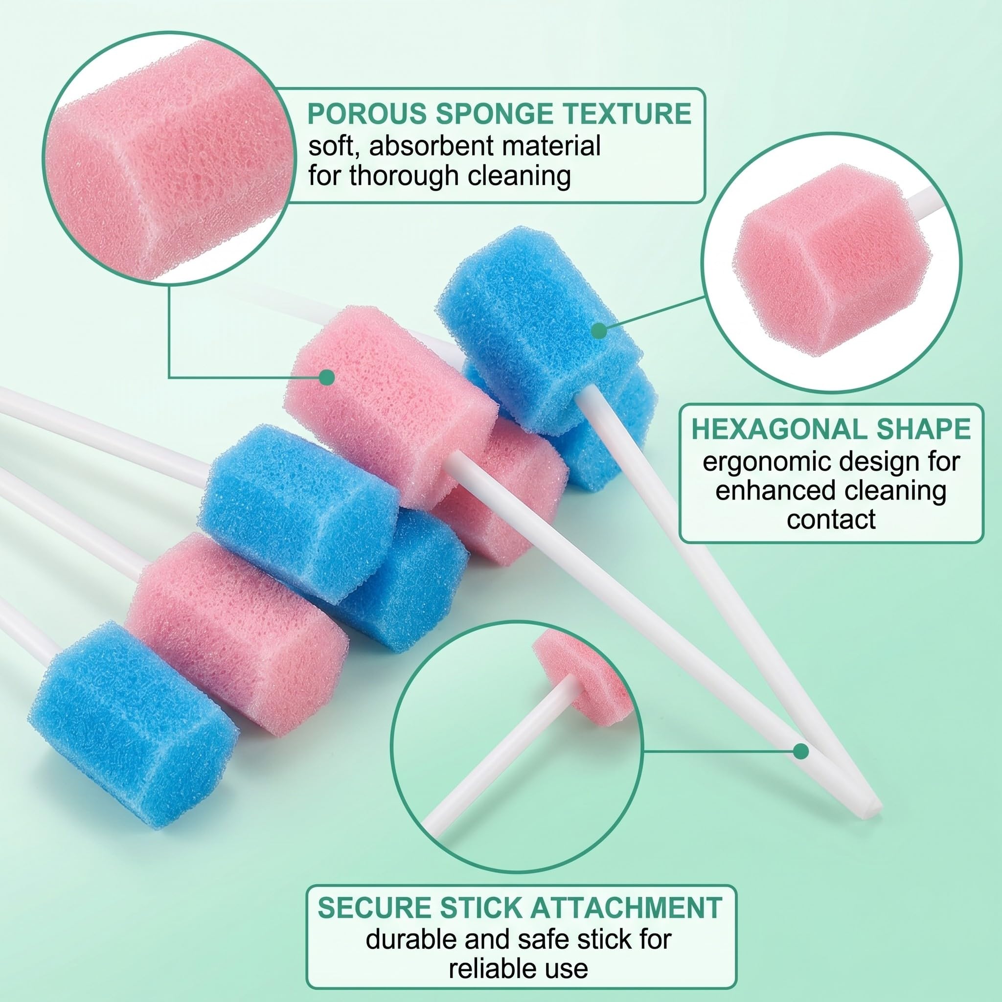 40 Pcs Écouvillon Buccal en Mousse, Bâtonnets de Soin Buccal Jetables pour Hygiène Dentaire, Éponge de Nettoyage Hexagonale pour Adultes et Enfants, 20 Rose + 20 Bleu