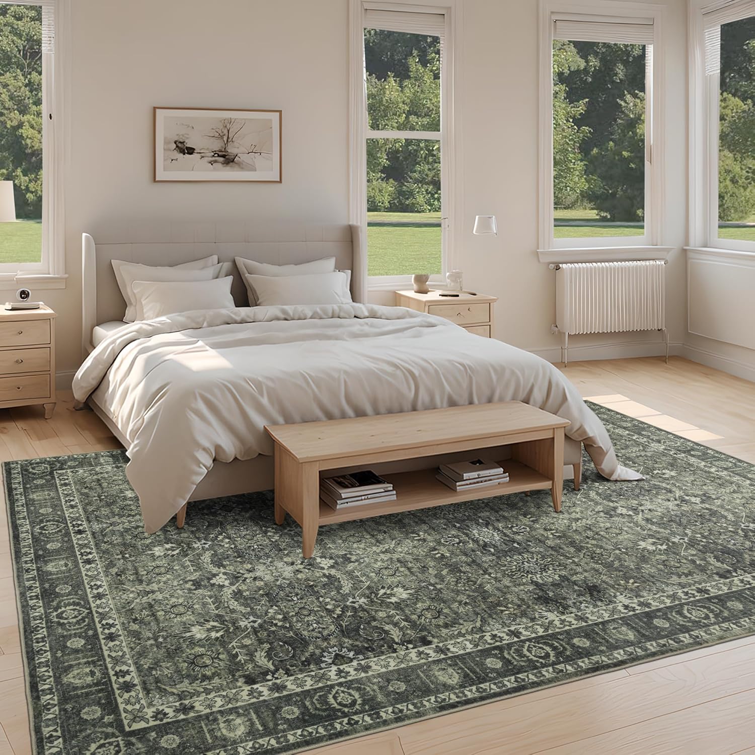 8x10 Vintage Washable Area Rug for Living Room,Low Pile Non Slip Carpet Non-Shedding Large Area Rug Soft Indoor Stain Resistant Rug Floral Print Mat for Bedroom Dining Room Green Floral - Image 6