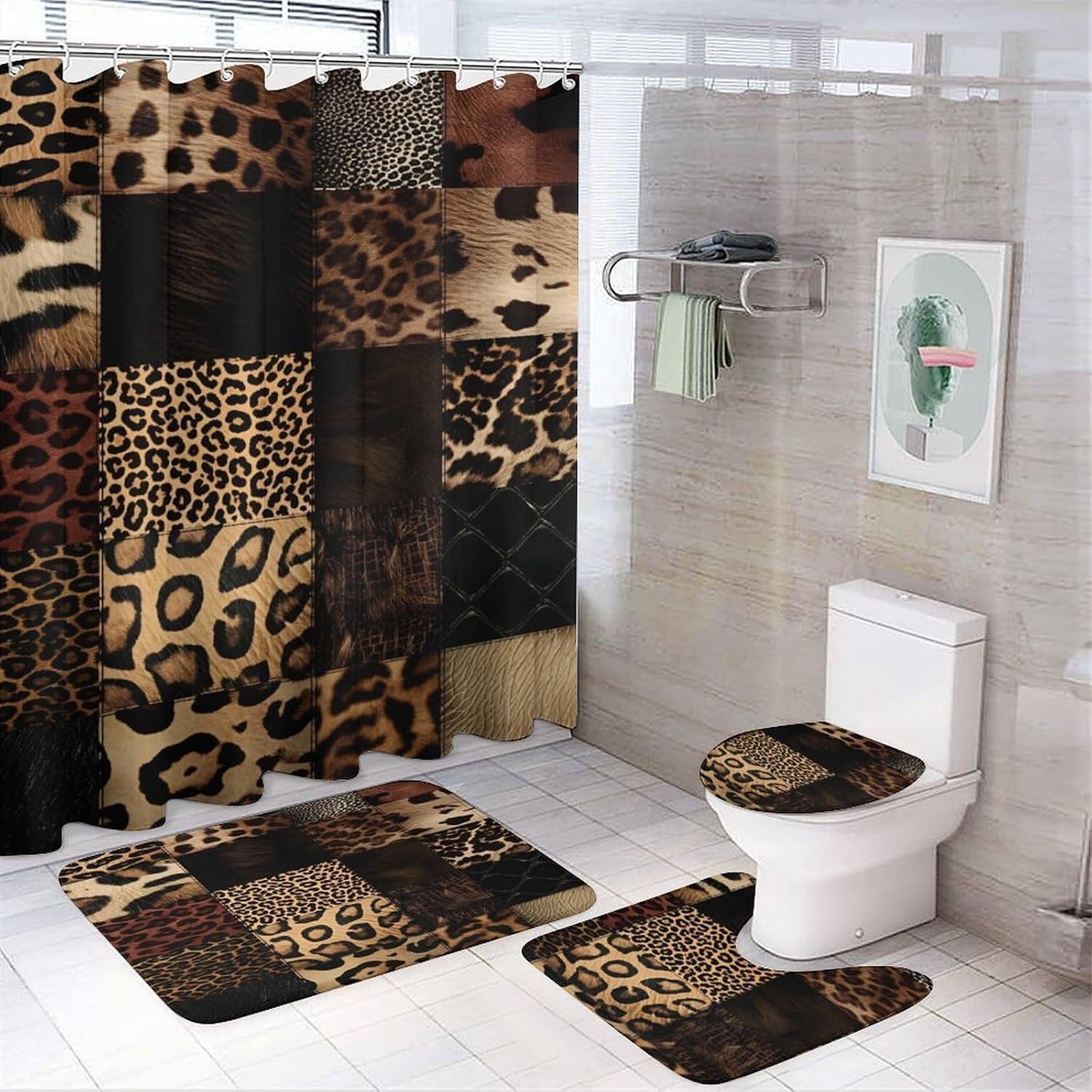 Leopard Animal Textured 4 PCS Bathroom Set with Shower Curtain Rugs, Ultra Soft Coral Fleece Bath Mat, U-Shaped Rug, Toilet Lid Cover, 72" X 72"