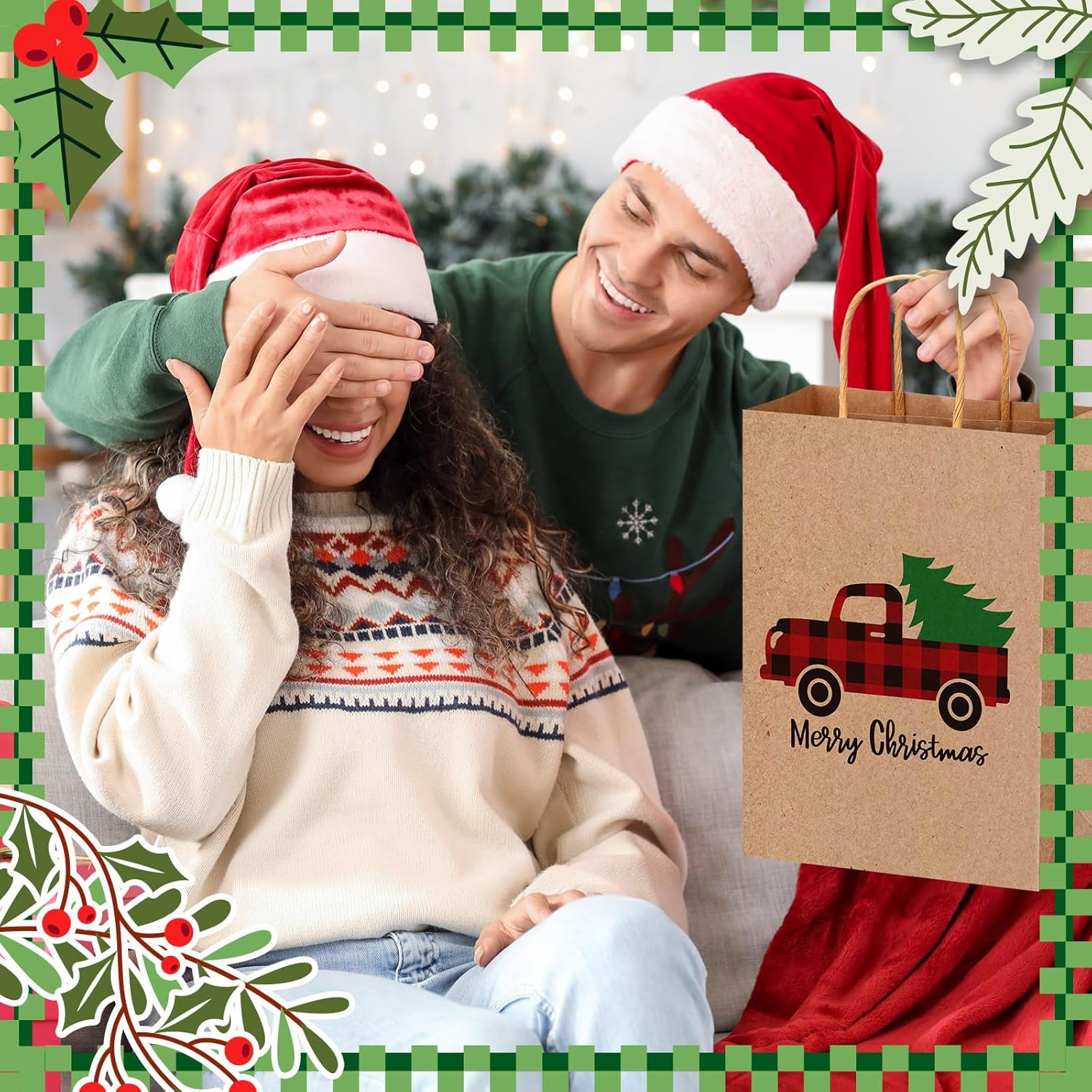 Yeaqee 48 Pcs Christmas Kraft Gift Bags Bulk Xmas Holiday Paper Gift Bags with Handle Plaid Candy Treat Party Favor Bag for Christmas New Year Presents Wrapping Party Favor Supplies Decor