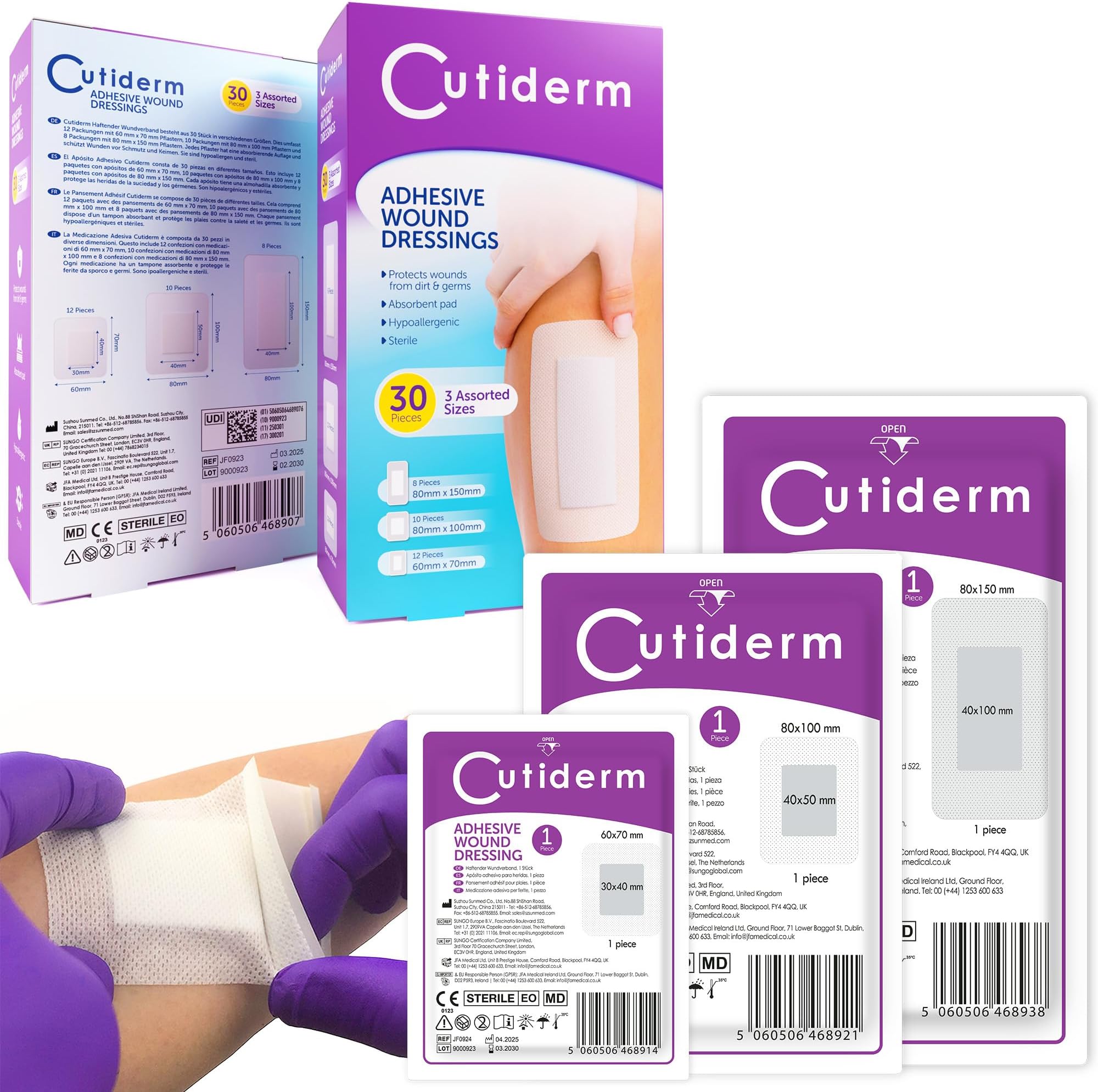Cutiderm Pack of 30 Assorted Adhesive Wound Dressing Suitable for cuts and grazes, Diabetic Leg ulcers, venous Leg ulcers, Small Pressure sores
