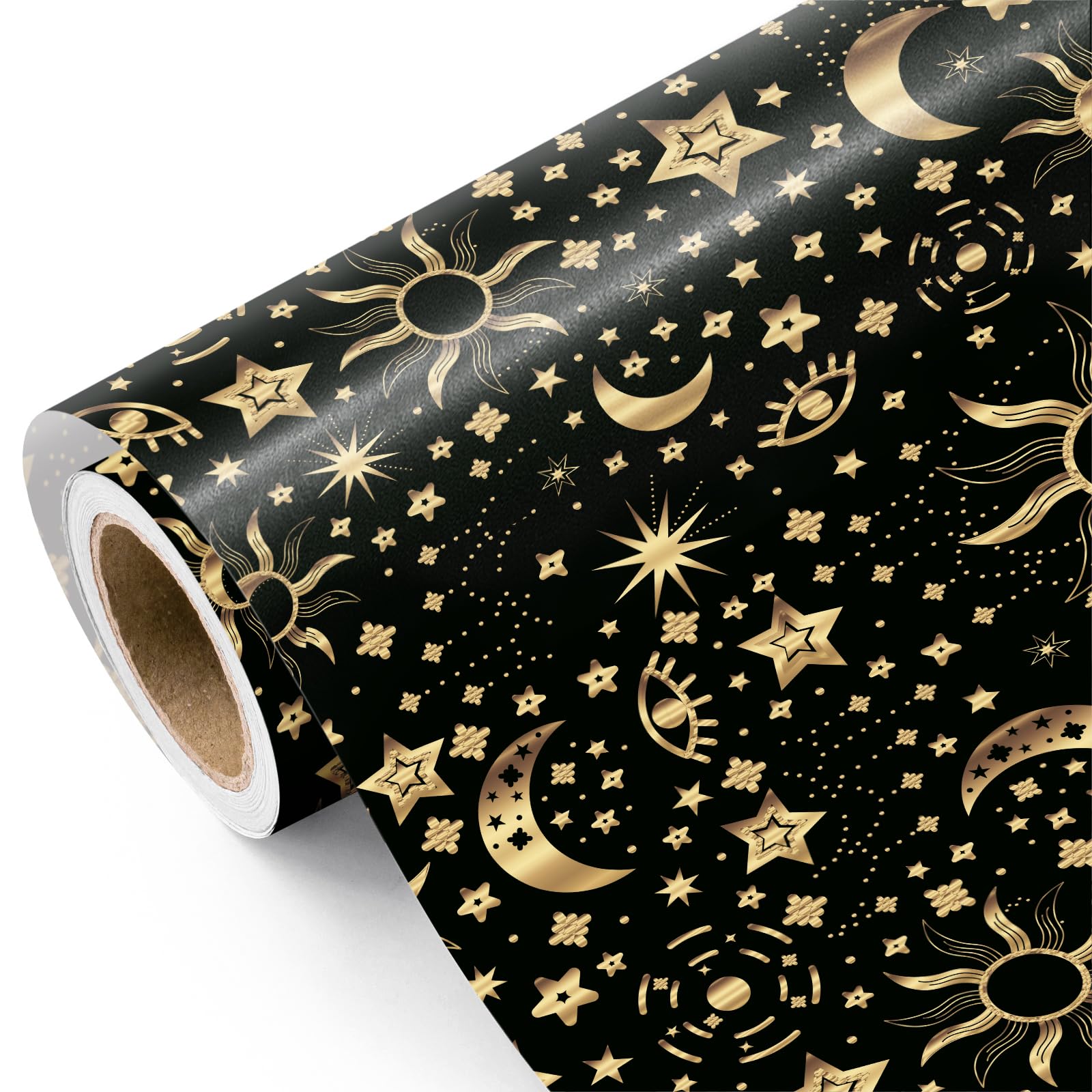 RUSPEPA Galaxy Wrapping Paper Roll - Mini Roll - 43.2cm x 5m - Black and Gold Space Moon Star Suns Celestial Wrapping Paper for Birthday, Wedding, Baby Shower