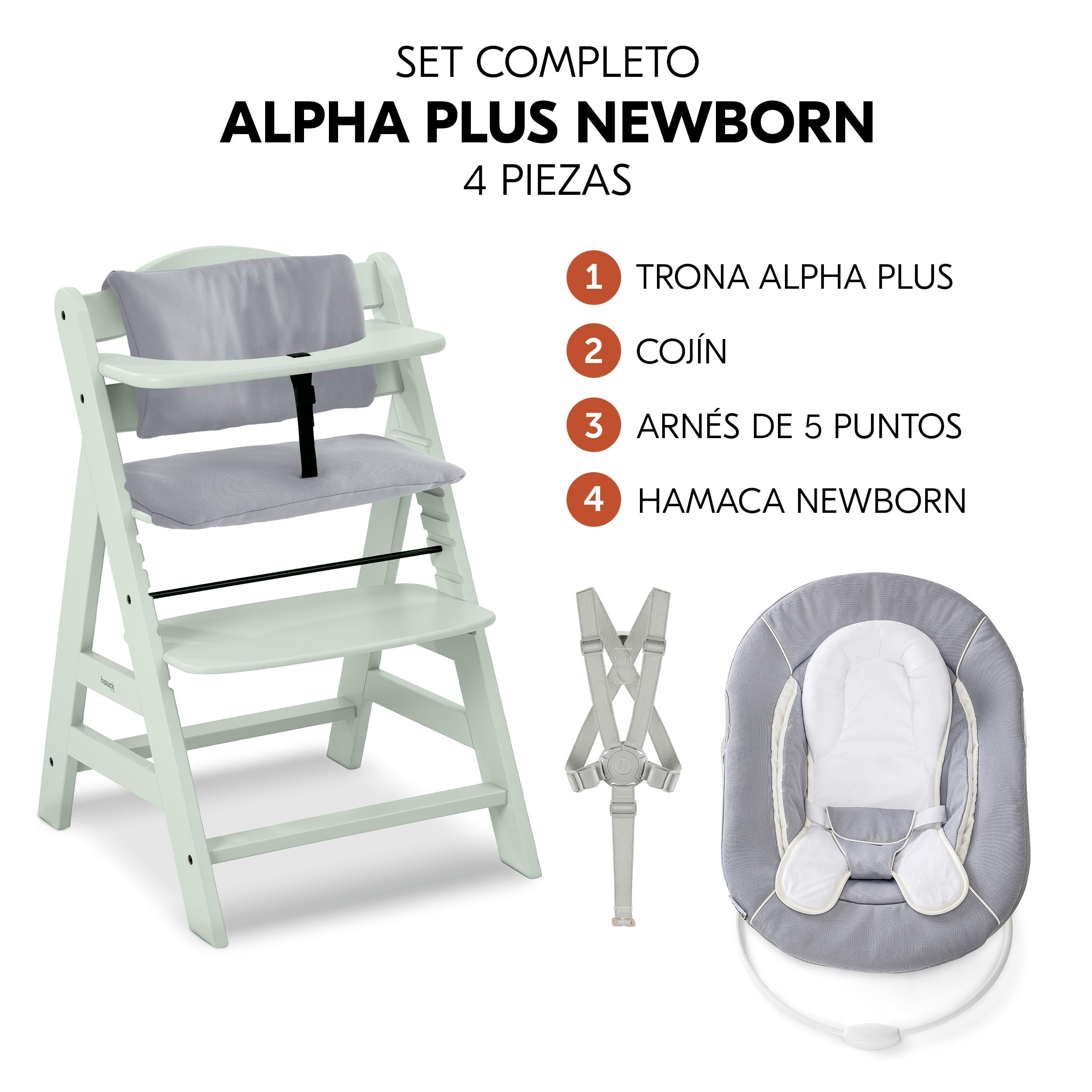 hauck Alpha Plus Newborn Set Trona Evolutiva Recién Nacidos con Hamaca Cojín y Arnés - Silla Alta de Madera para Bebés desde el Nacimiento - Tronas Primeras Comidas para Niños