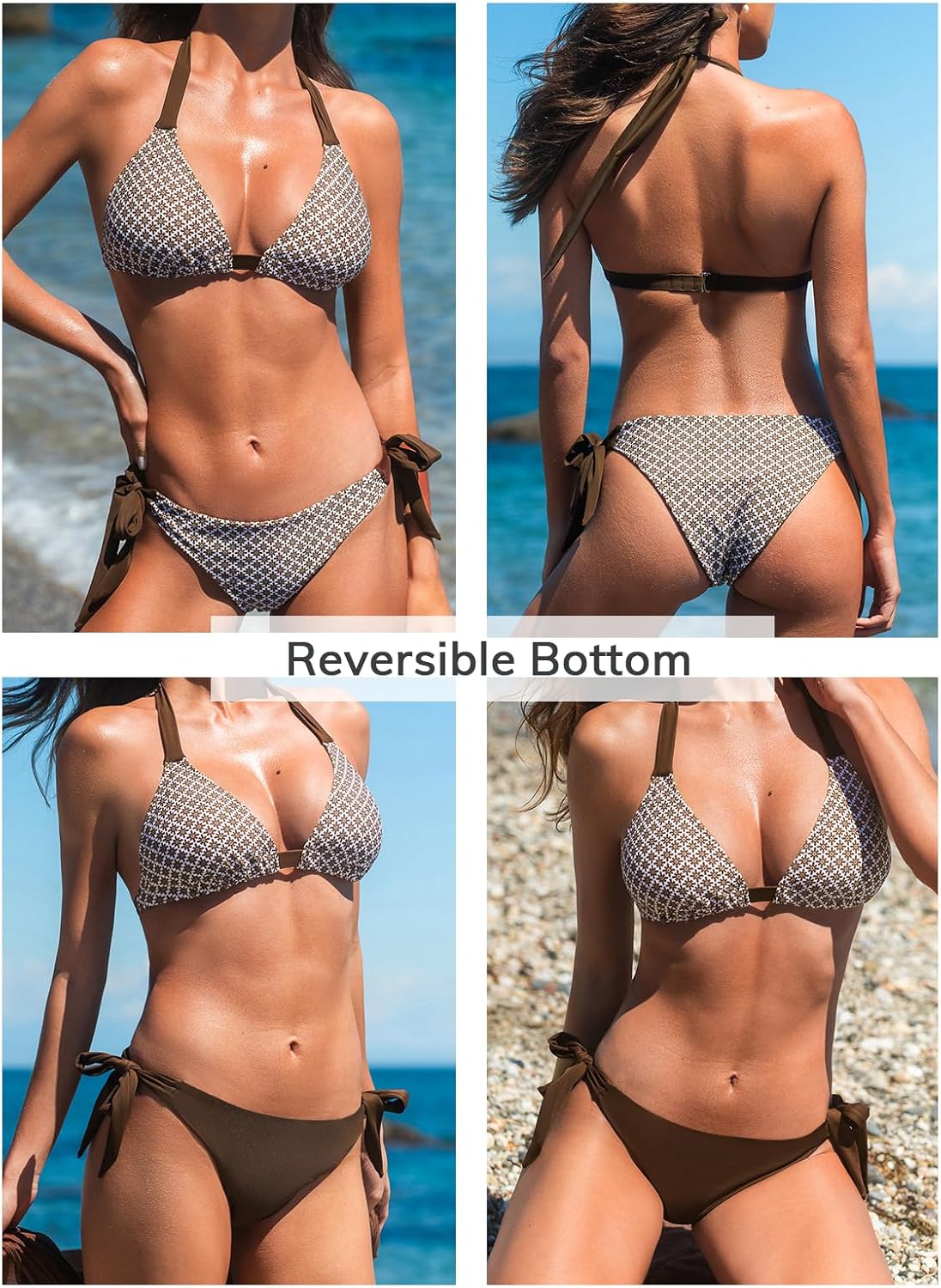 CUPSHE Women's Bikini Sets Two Piece Swimsuit V Neck Reversible Bottom Halter Self Tie Back Hook - Image 2