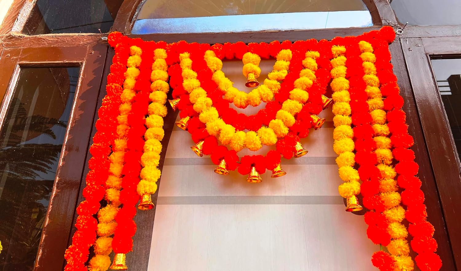 Artificial Fluffy Flower Marigold with Bell Door Hanging Bandanwar Colour Yellow & Orange, Size 40X52 Inch Pack of 1 (B0029), Medium