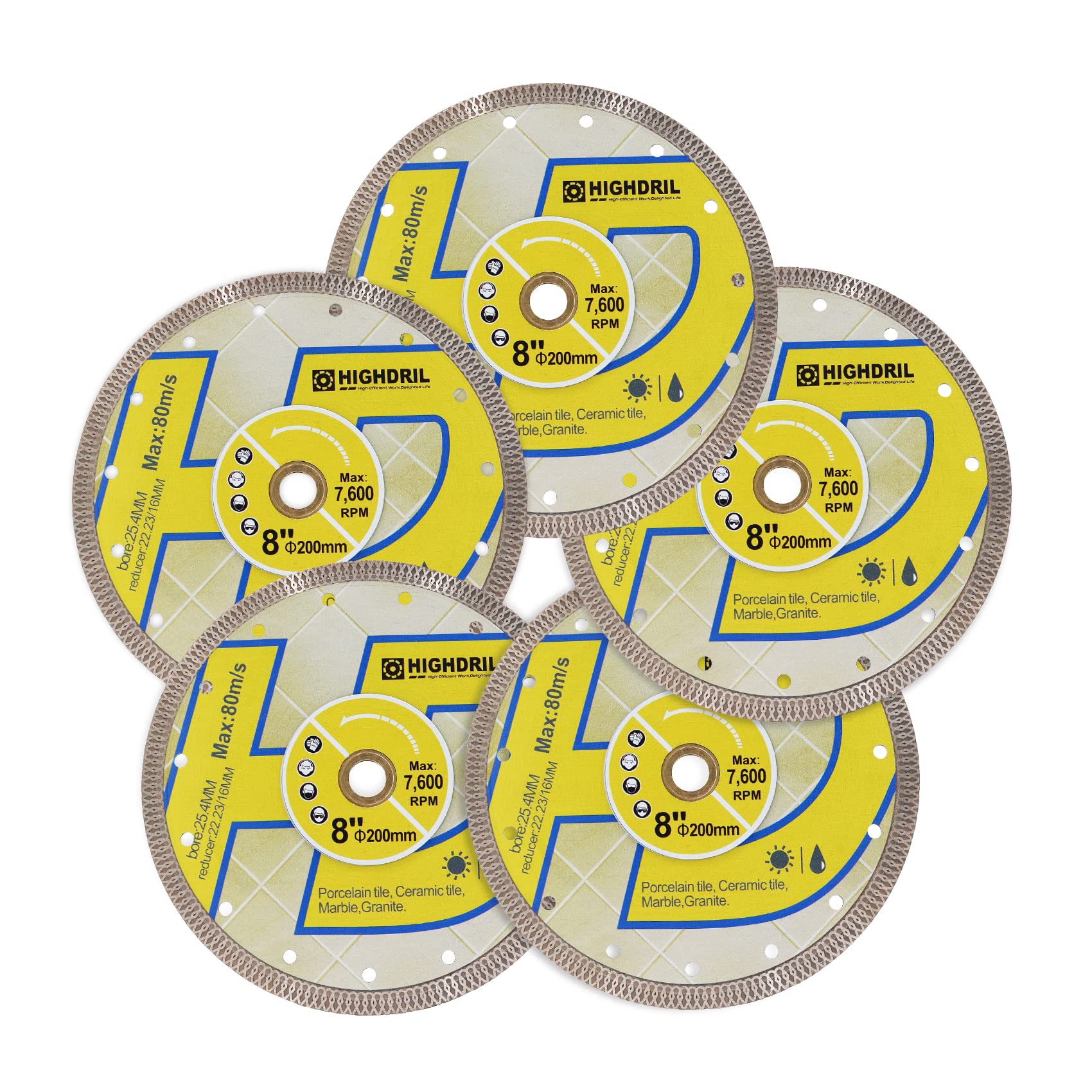 HIGHDRIL Diamond Saw Blade - 5pcs 200M/8 Inch Diamond Tile Blade Disc Cutting Porcelain Tile Ceramic Granite Marble Dry or Wet Use Circular Saw Blade with Turbo X Mesh