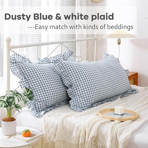 Miniatura 2 de Paquete de 2 fundas de almohada de tamaño King con volantes, 100 % algodón, estilo de casa de campo, para cama o sofá (20 x 36 pulgadas, cuadros de