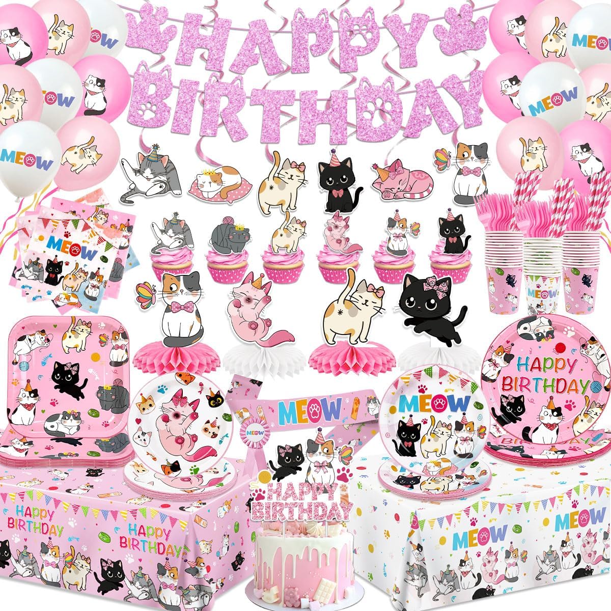 Cat Birthday Decorations,All-in-one Cat Tableware Set Serves 26