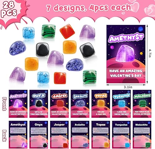 Miniatura 3 de Regalos de San Valentín para niños, paquete de 28 tarjetas de San Valentín con rocas a granel, kit de colección de gemas de cristal, minerales y