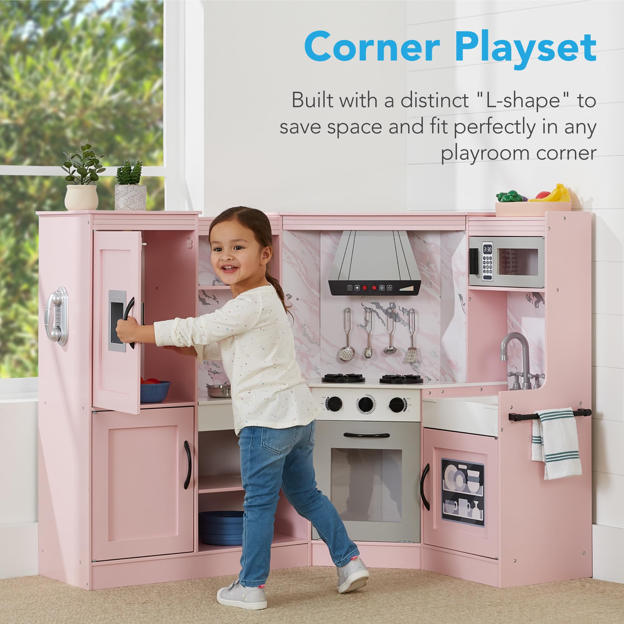 Best Choice Products Pretend Play Corner Kitchen, Ultimate Interactive Wooden Kids Playset w/Lights & Sounds, Ice Maker, Hood - Pink
