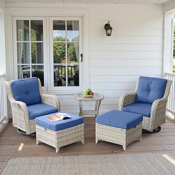 Patio Bistro Set with Outdoor Swivel Chairs, Wicker Outdoor Patio Swivel Chairs with Ottomans and Side Table, Furniture Set for Yard, Deck, Garden, Light Beige Wicker/Blue Cushion