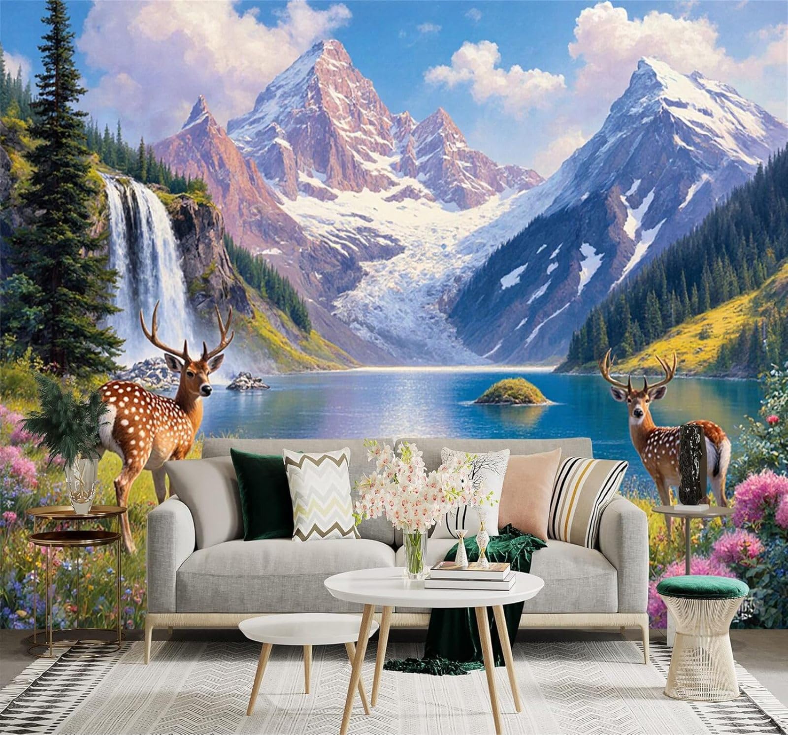 XLMING Picturesque Waterfalls Mountain Lakes Sika Deer Wildflowers 3D Wallpaper Silky Texture Home Study Office Grey Dining Room Sofa Bedroom Living Room TV Backdrop-350cm×256cm