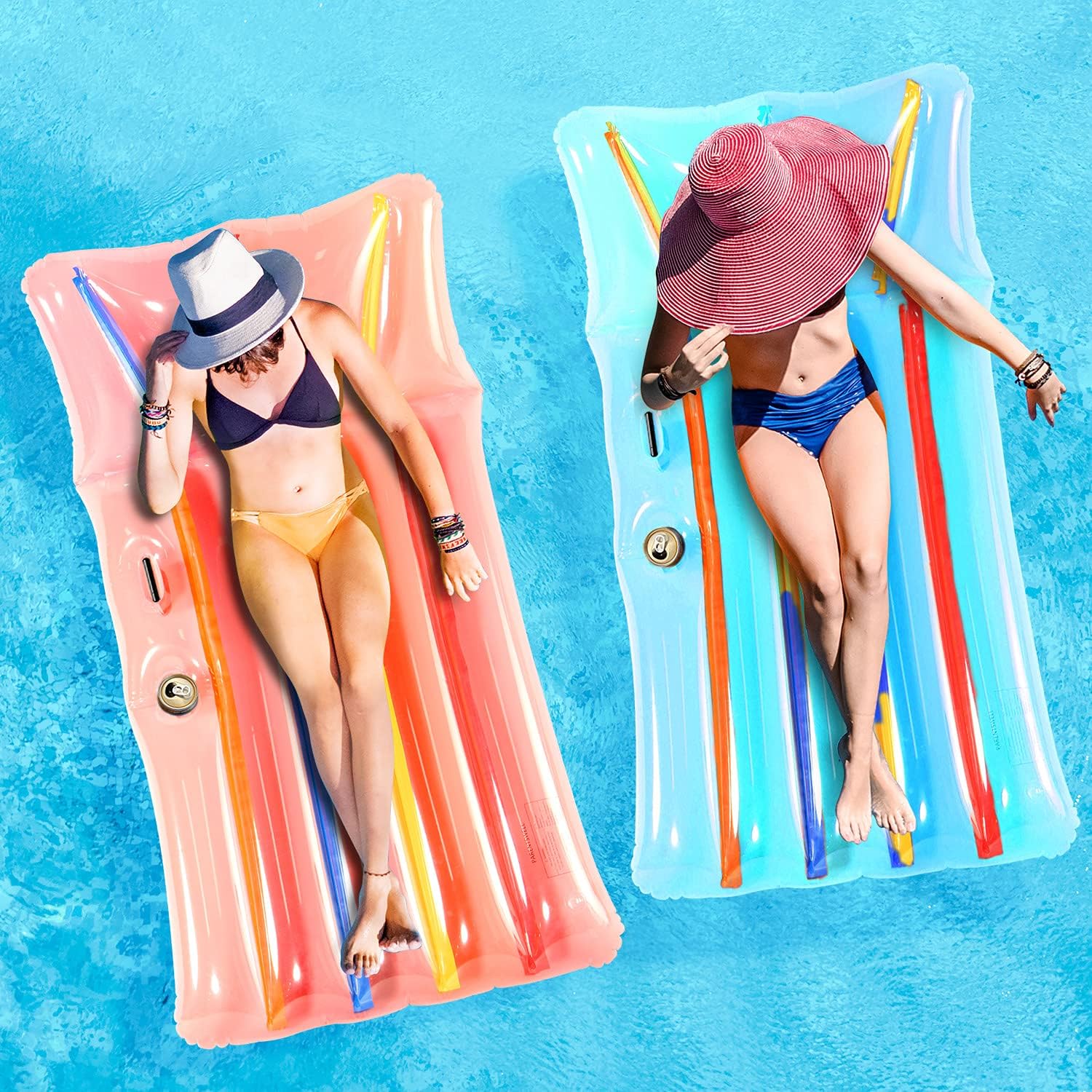 Parentswell Inflatable Pool Lounge Float, 2 Pack Swimming Pool Adult Size Lounge Chairs, 66in Colorful Pool Floating Mat, Beach Lounger Raft Floatie Toys for Adults with Cup Holder and Phone Organizer : Toys & Games