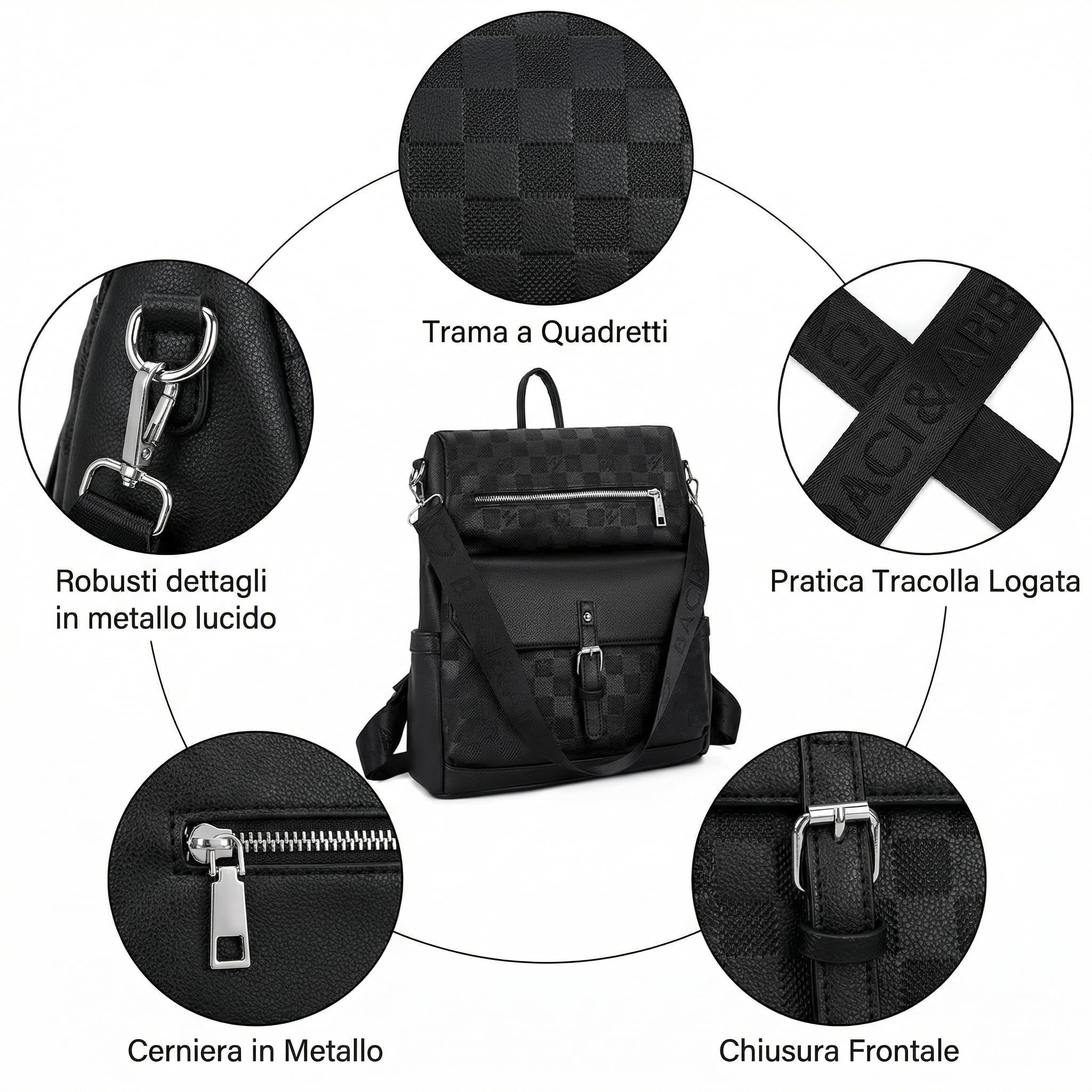 Zaino Donna Grande Capacità in Pelle PU Martellata con Motivo a Scacchi, Borsa Zainetto Multifunzionale con Tracolla Rimovibile, Zaino Moda per Università e City Walk,Nero