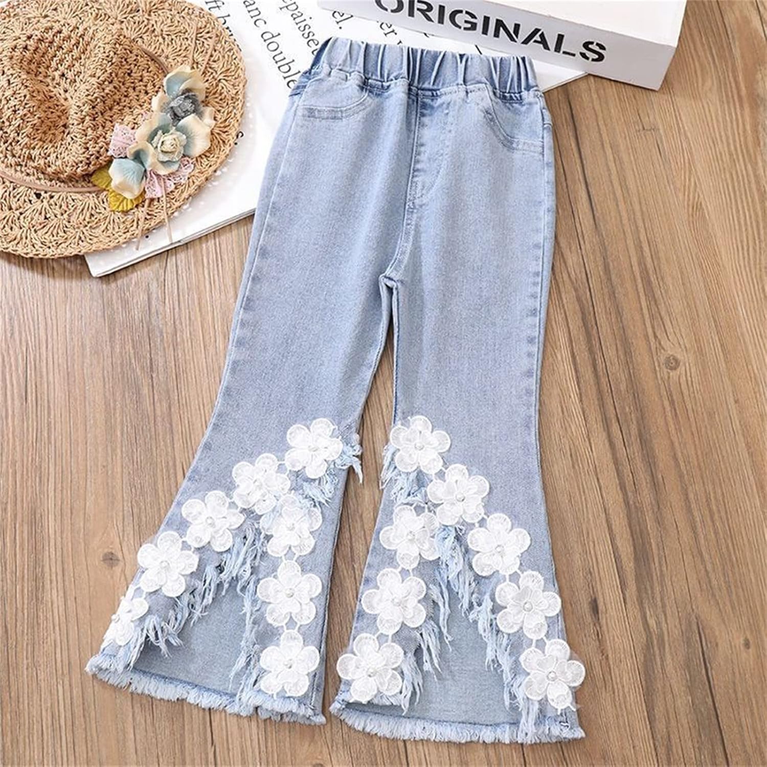 Kids Girls Ripped Flare Jeans Floral Bell Bottoms Elastic Waist Wide Leg Denim Pants Streetwear Street - Image 2