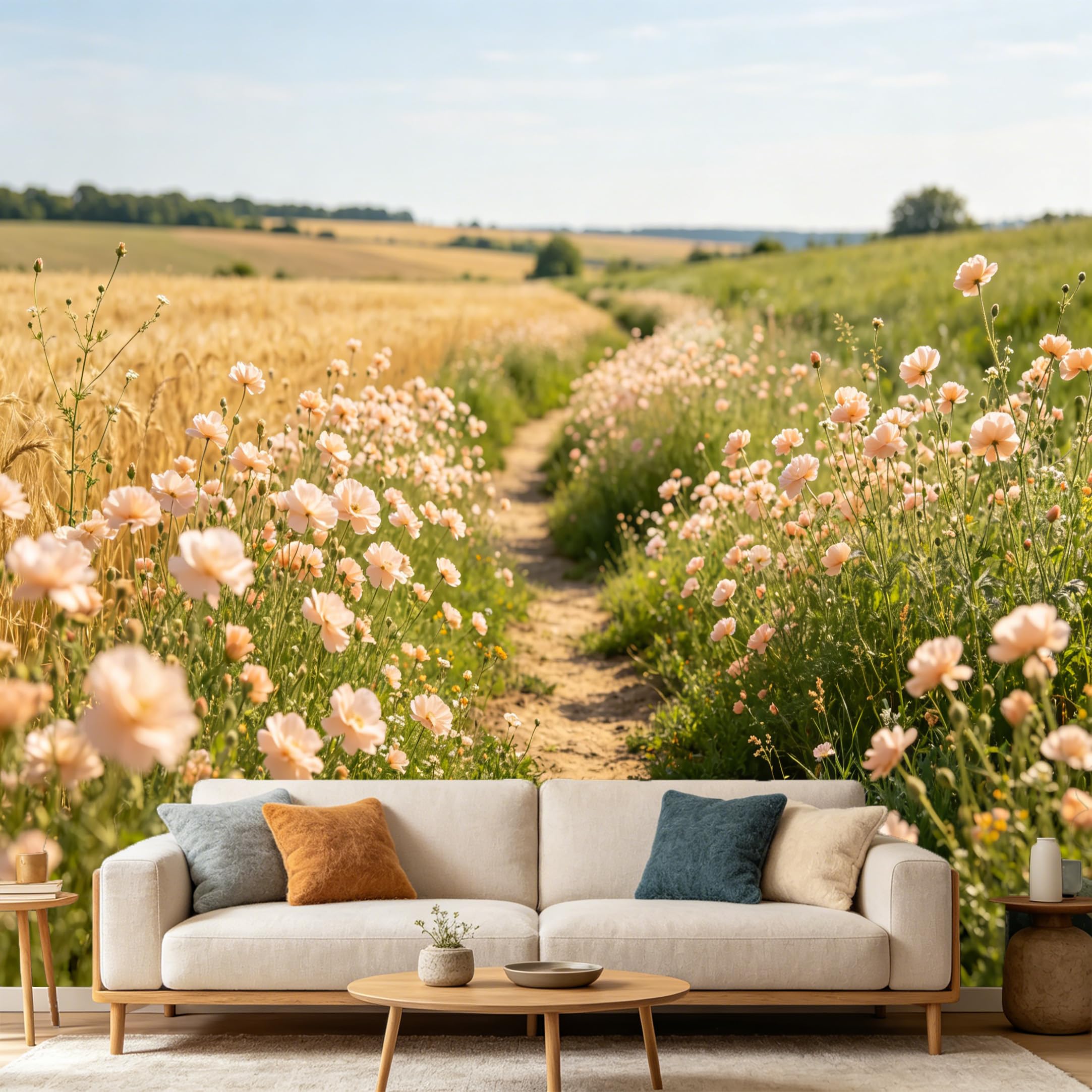 Custom Size Wall Mural Landscape Farmhouse Wheat Field Wildflower Path SelfAdhesive Art Prints wall Fabric（No PVC） Removable Wallpaper Home Bedroom Decor