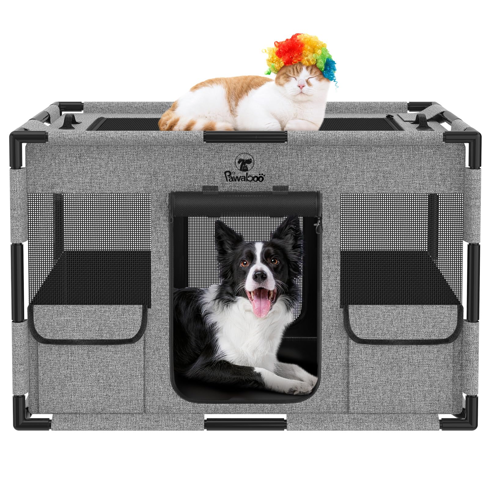 Pawaboo Box per Cani Cassa per Animali Domestici Extra Large, Cuccia per Cani in Rete, PVC Ispessito Telaio del Tubo Tenda, Recinto per Animali Domestici Traspirante, Medio, Nero & Grigio