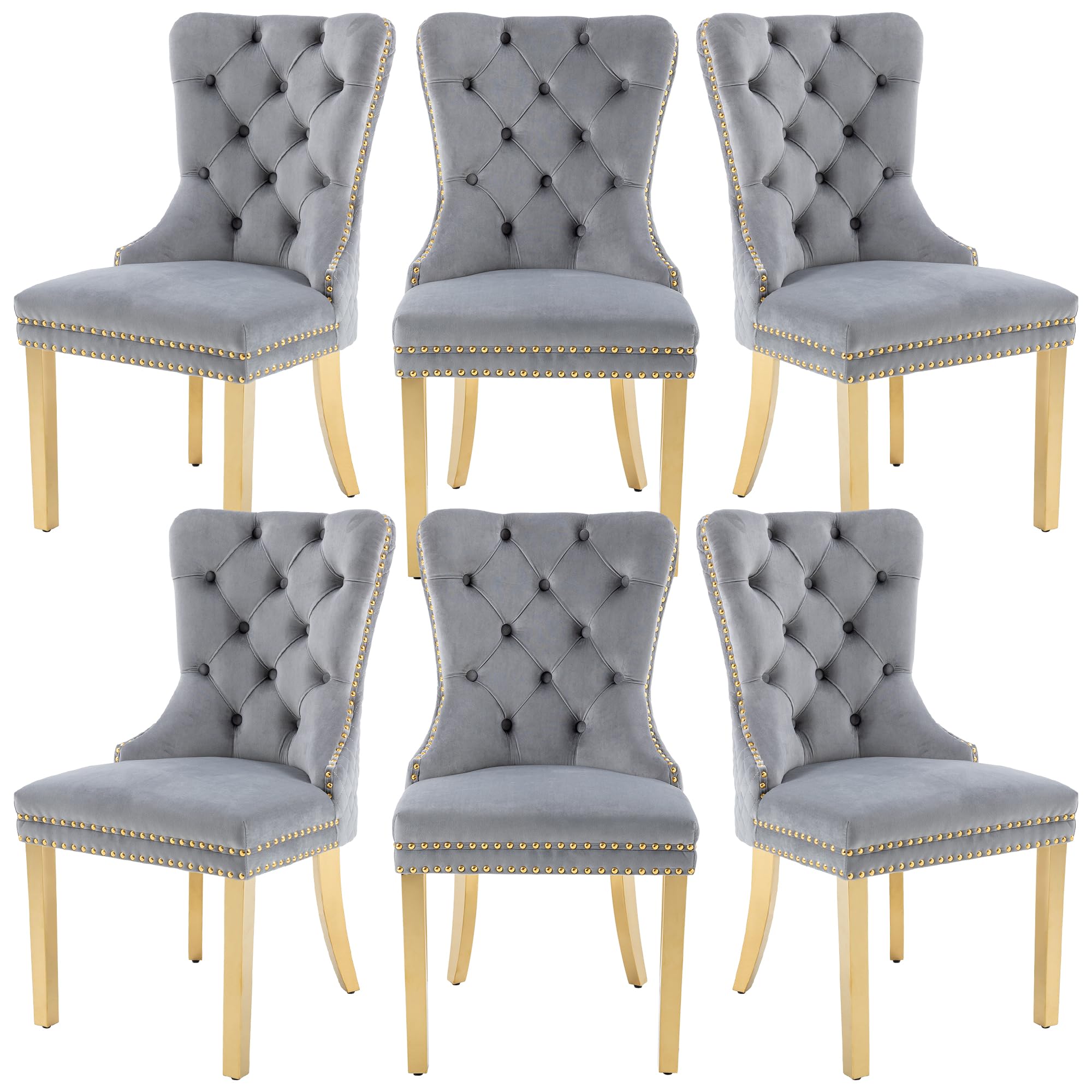 GOOLON Velvet Dining Chairs Set of 6, Upholstered Dining Room Chairs, Mid-Century Modern Chairs with Diamond Lattice Tufted Back, Lion Pull Ring Rivet