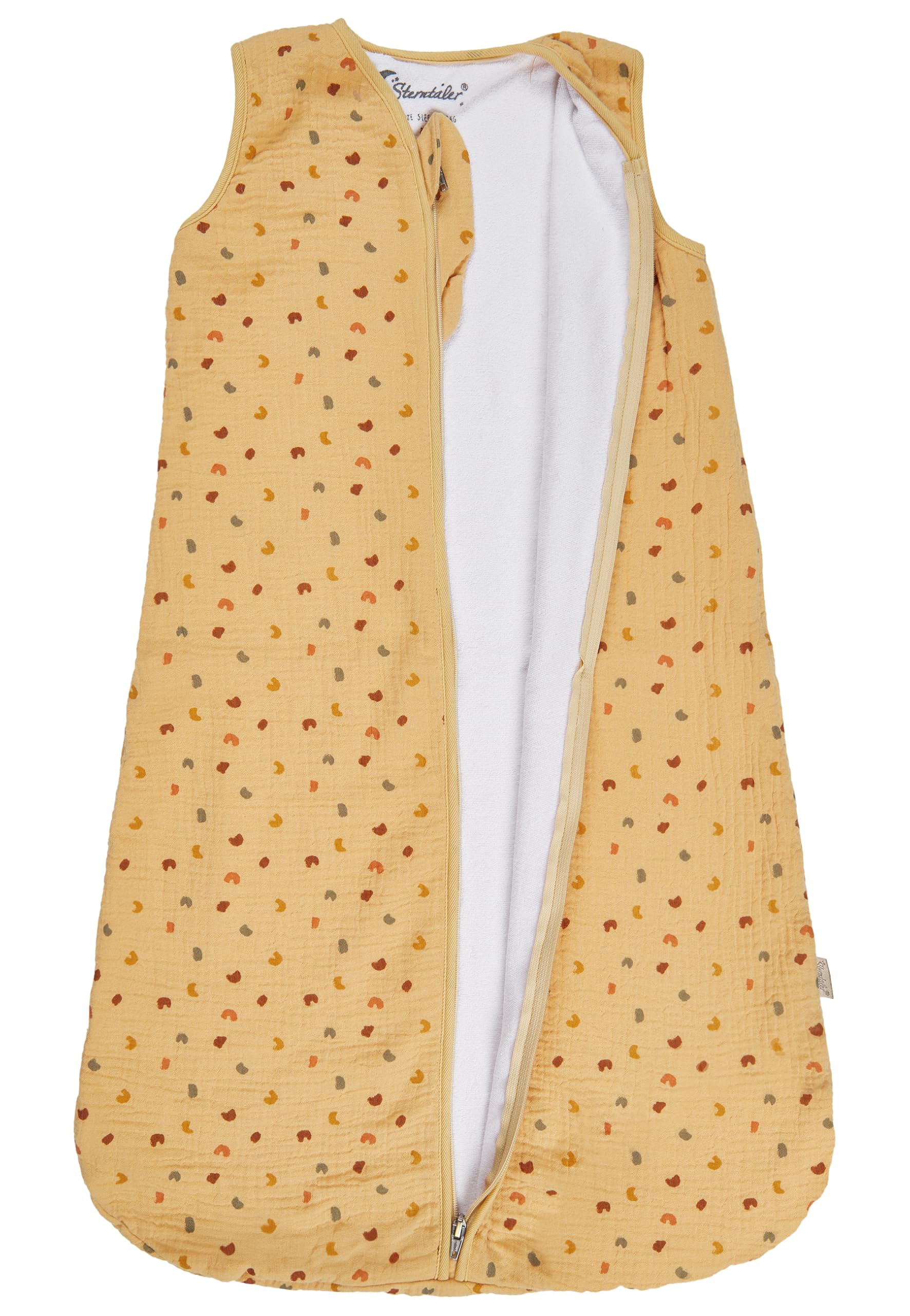 Sterntaler Schlafsack 110cm Giraffe & Löwe – Leichter Musselin mit Feinfrottee-Futter – Zwei-Wege-Reißverschluss & Kabelöffnung in der Seitennaht- 1,00 TOG – Baby und Kleinkind Schlafsack, Ocker