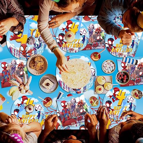 Miniatura 6 de Spidey and His Amazing Friends - Suministros para fiesta de cumpleaños, el juego de decoración de 4 cumpleaños de Spidey incluye platos, pancarta,