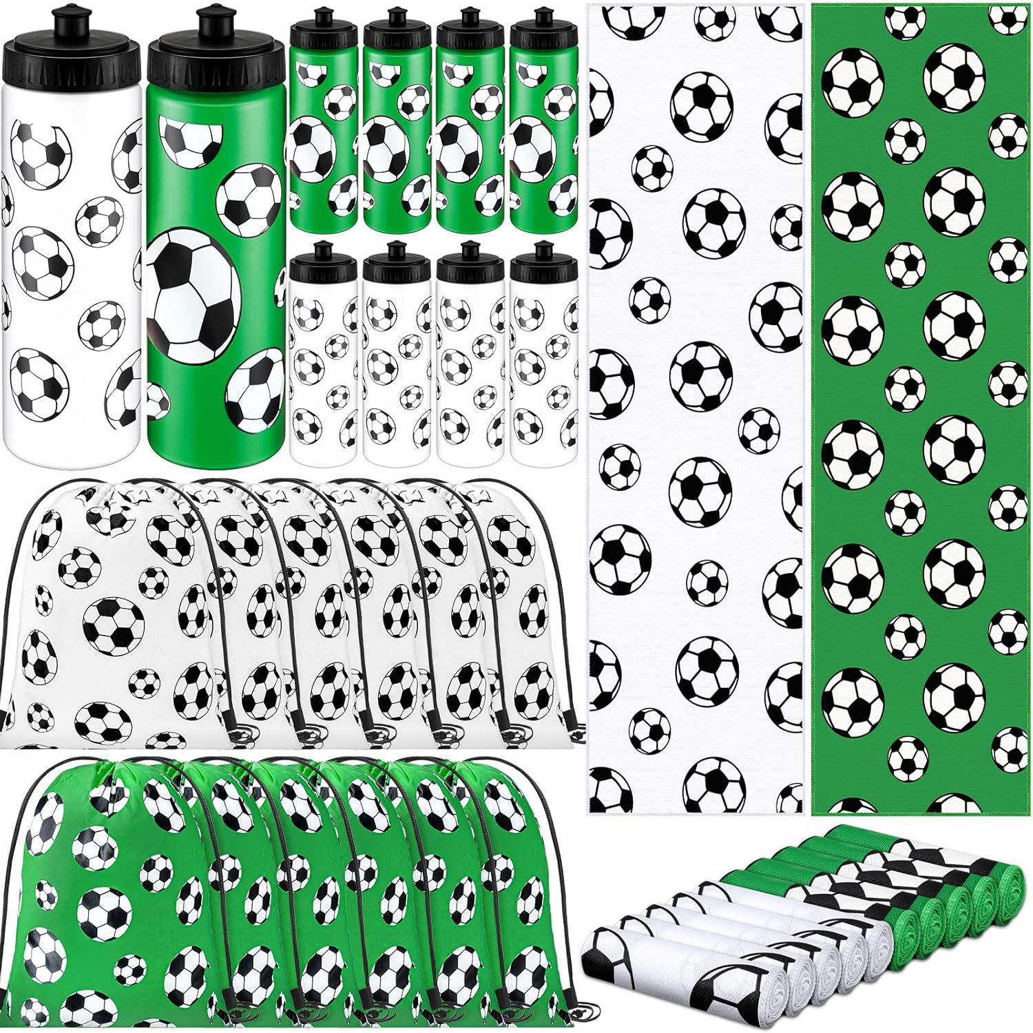 36 Pcs Soccer Water Bottle Drawstring Bag Cooling Towel Set Include 12 Squeeze Water Bottle 12 Drawstring Backpack 12 Cooling Towels for Team Gifts Sport Events Party Favors