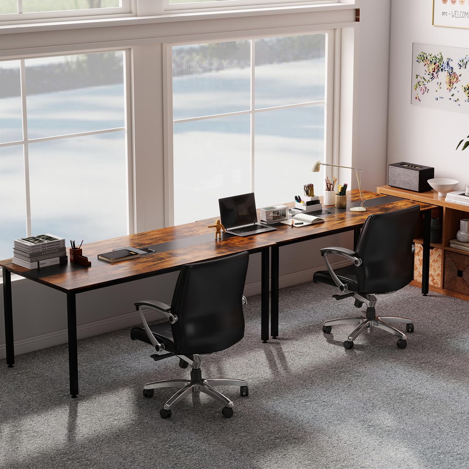 GIANTEX Konferenztisch, 180 x 90 cm Bürotisch mit Kabelloch, Metallbeinen, extra Langer Computertisch für Sitzungszimmer, Besprechungsraum, rustikales Braun, für 8-10 Personen