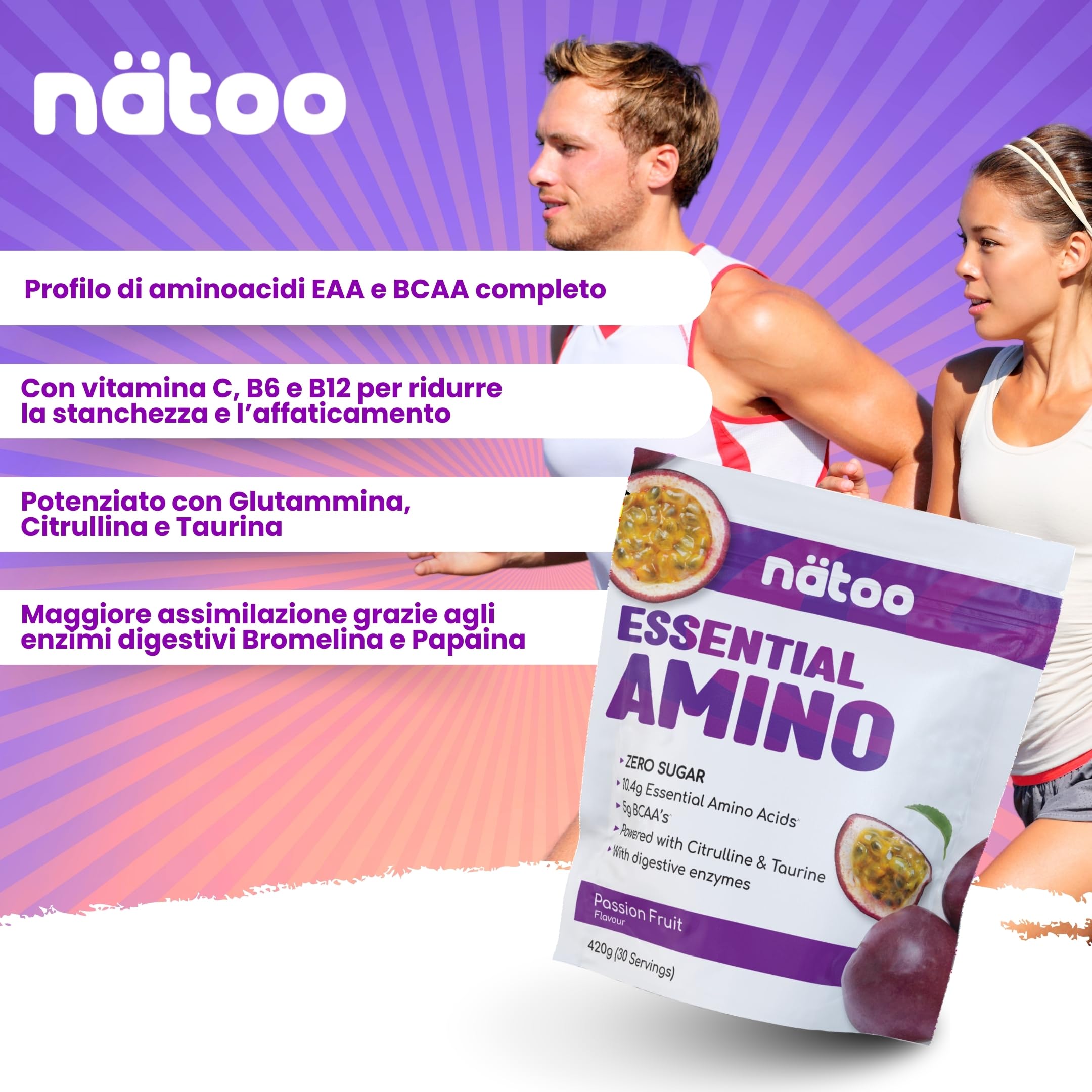 Nätoo Essential Amino Passion Fruit - Aminoacidi Essenziali in Polvere con BCAA, Vitamina C, B6, B12, Glutammina, Bromelina, Taurina, Citrullina - Prestazioni, Recupero al Top - Eaa Senza Zucchero