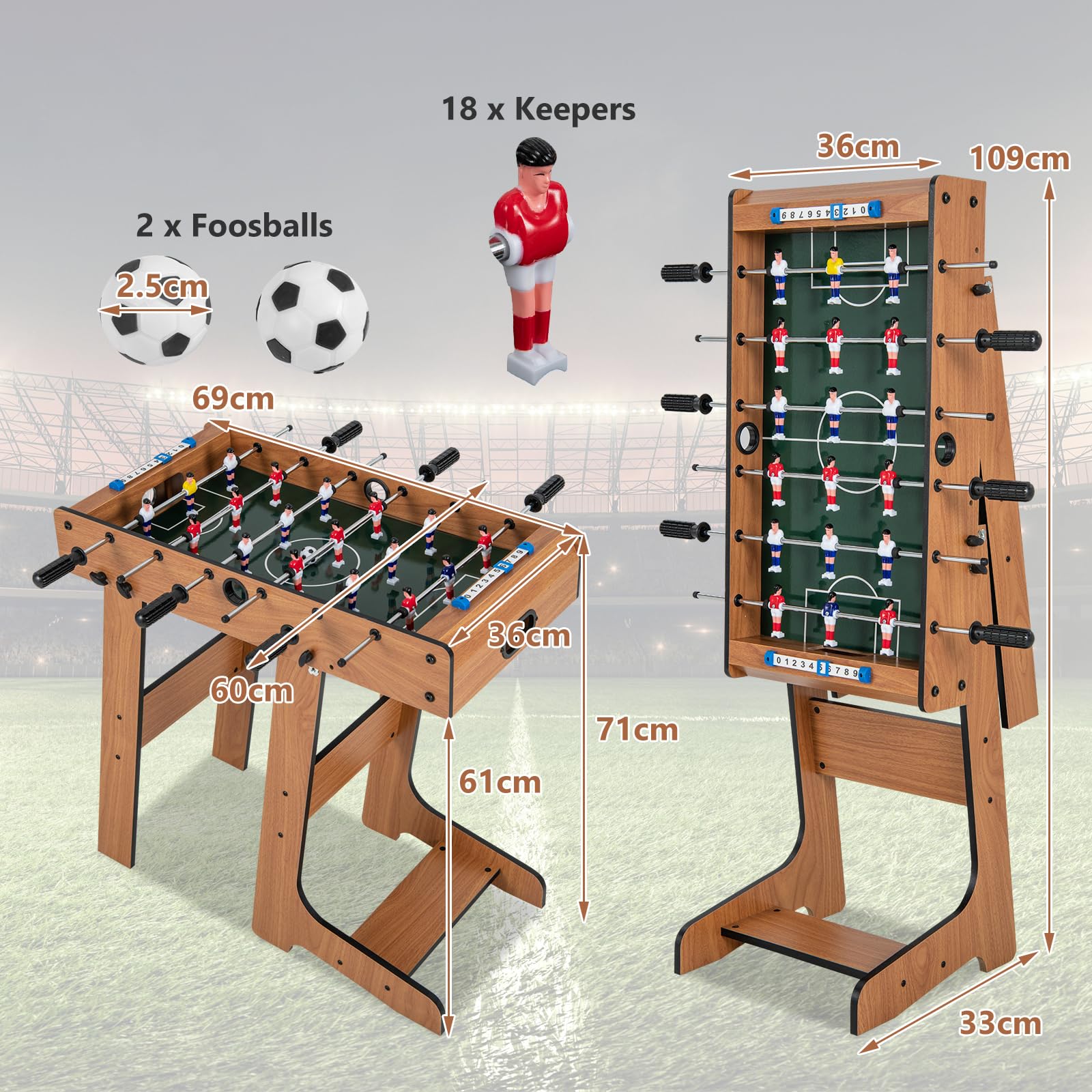 GOPLUS Futbolín de Mesa Plegable de Madera Con 2 Marcadores, 2 Cajas, 2 Balones, Para Adultos y Niños de 3+ Años, Para Bar, Sala de Juegos, Dormitorio, 69 x 36,5 x 71 CM