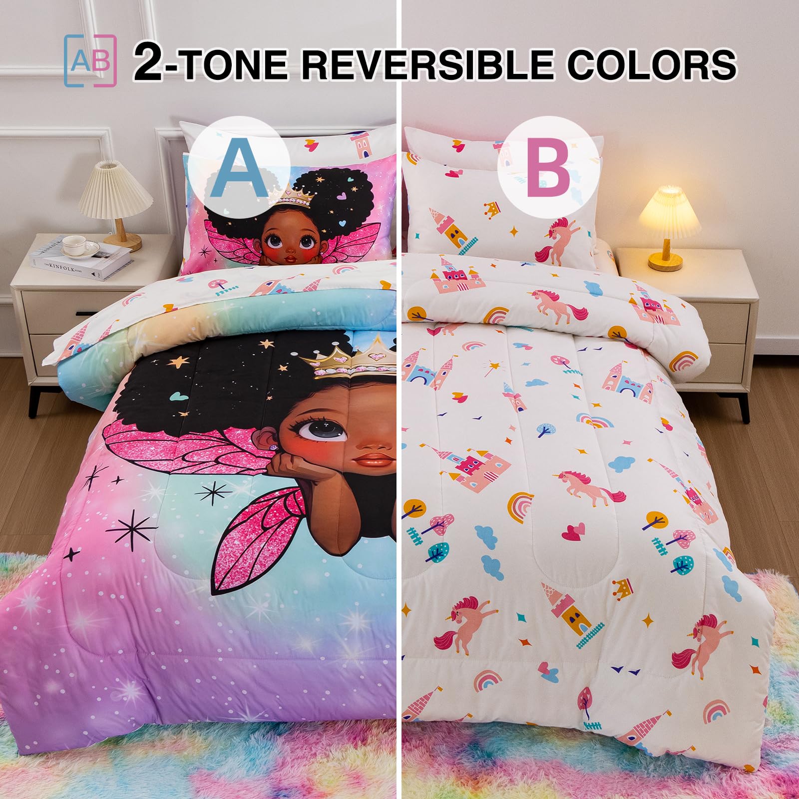 A Nice Night Black Girl Princess with Wings Comforter Set,Pink Gradient Glitter Rainbow Galaxy 6pcs Kids Bedding Set,Full