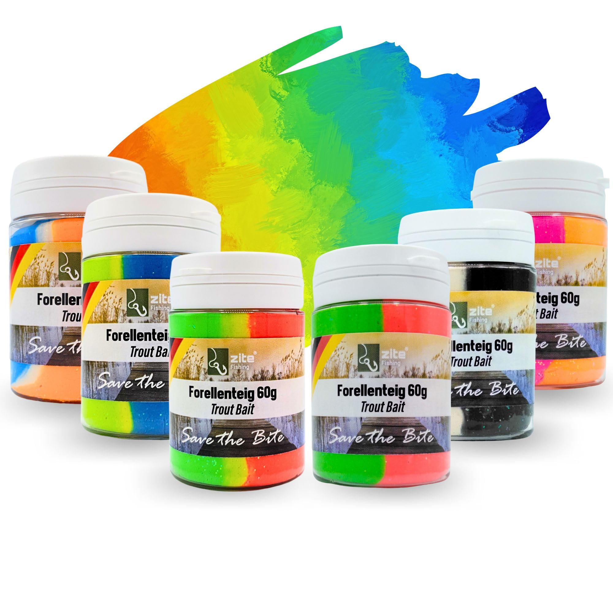 Zite Fishing Lot de 6 pâtes à truite – Pâte de pêche avec paillettes, arômes spéciaux et couleurs – 6 x 60 g Pâte à pêche avec ail, réglisse, fraise et crabe