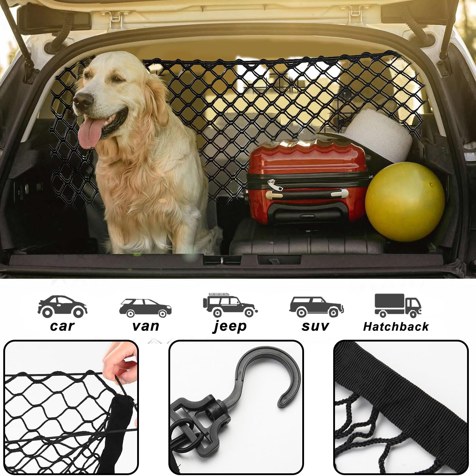 Sporgo Rete di Recinzione per Cani: Griglia per Auto e Bagagliaio, Barriera di Isolamento Auto Regolabile, Rete di Sicurezza per Cani, Griglia Divisoria per Bagagliaio per Cani con 4 Ganci, 120x90cm