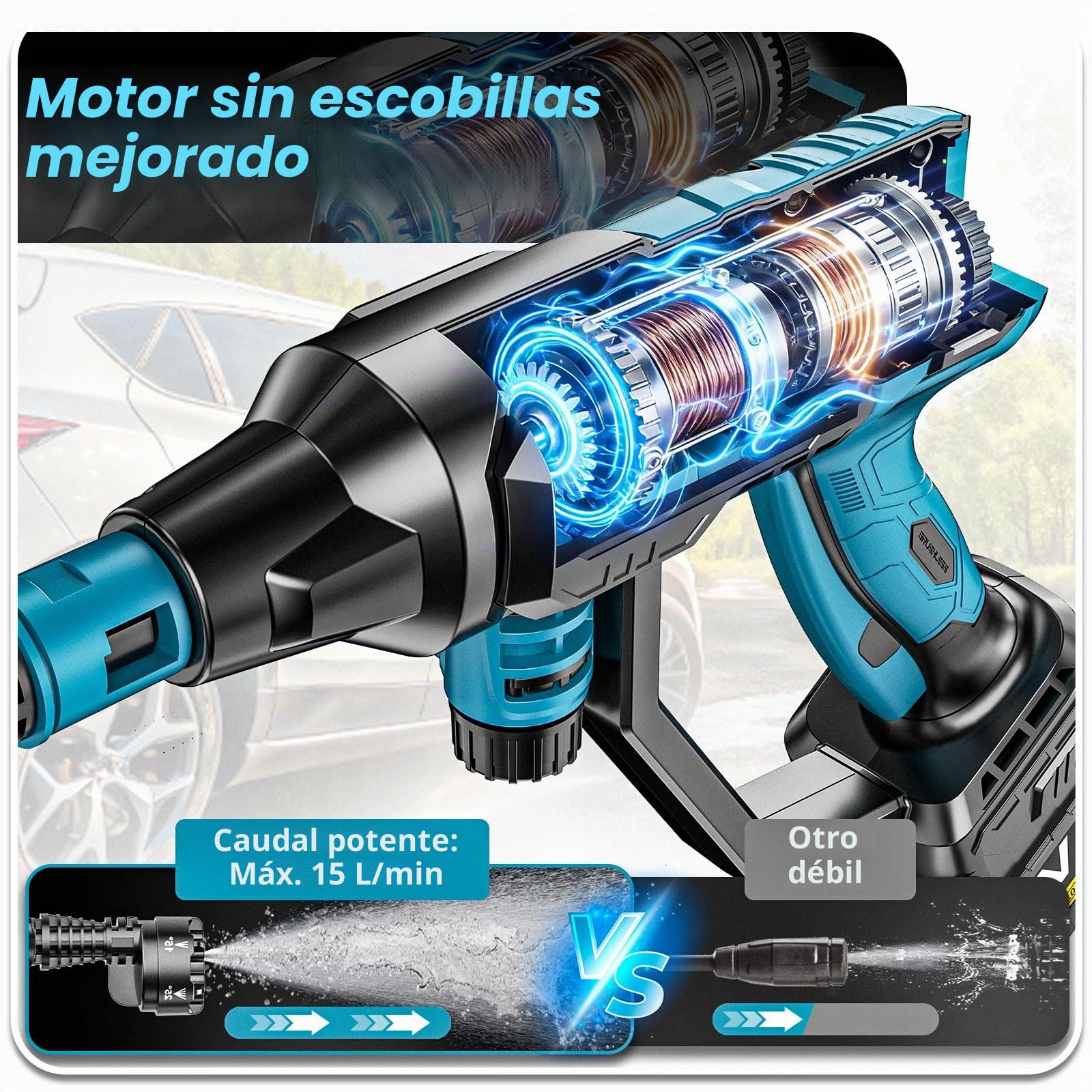 Limpiador A PresióN con BateríA, Motor Sin Escobillas De 3000 W, Modo De 4 Velocidades, PresióN MáXima De 125 Bar, Limpiador A PresióN MóVil con 2 BateríAs De 4,0 Ah, Boquilla Giratoria 6 En 1 Y 180°