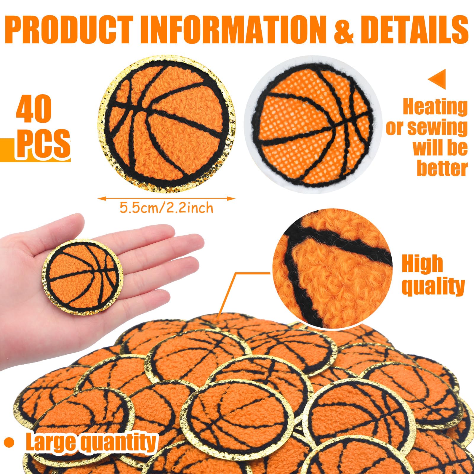 Paquete de 40 parches termoadhesivos de felpilla con bordes dorados, para fútbol, voleibol, baloncesto, béisbol, sóftbol, sombrero, pantalones, ropa (baloncesto)
