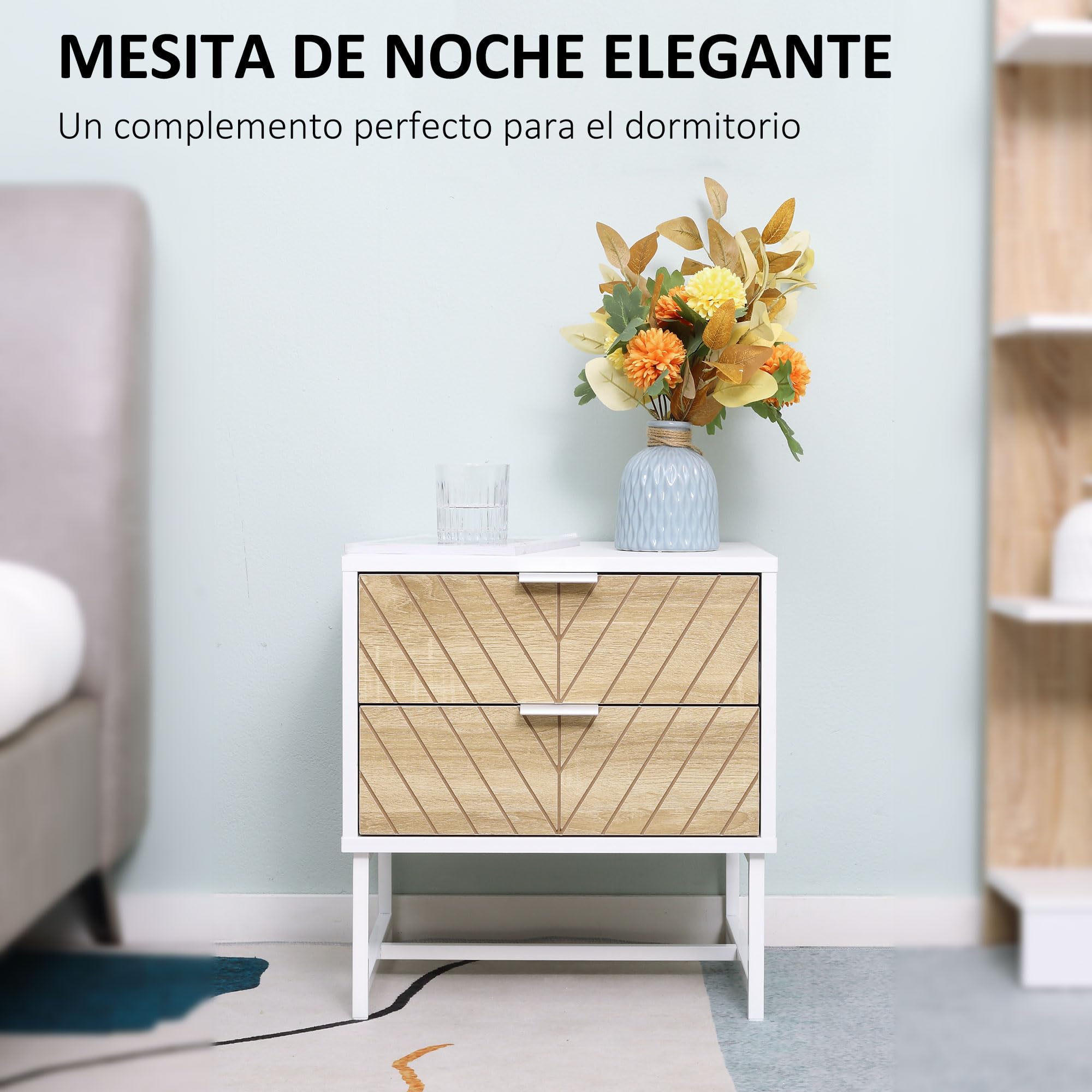HOMCOM Mesilla de Noche Mesita de Noche 2 Cajones 45x39x48 cm Blanco Roble