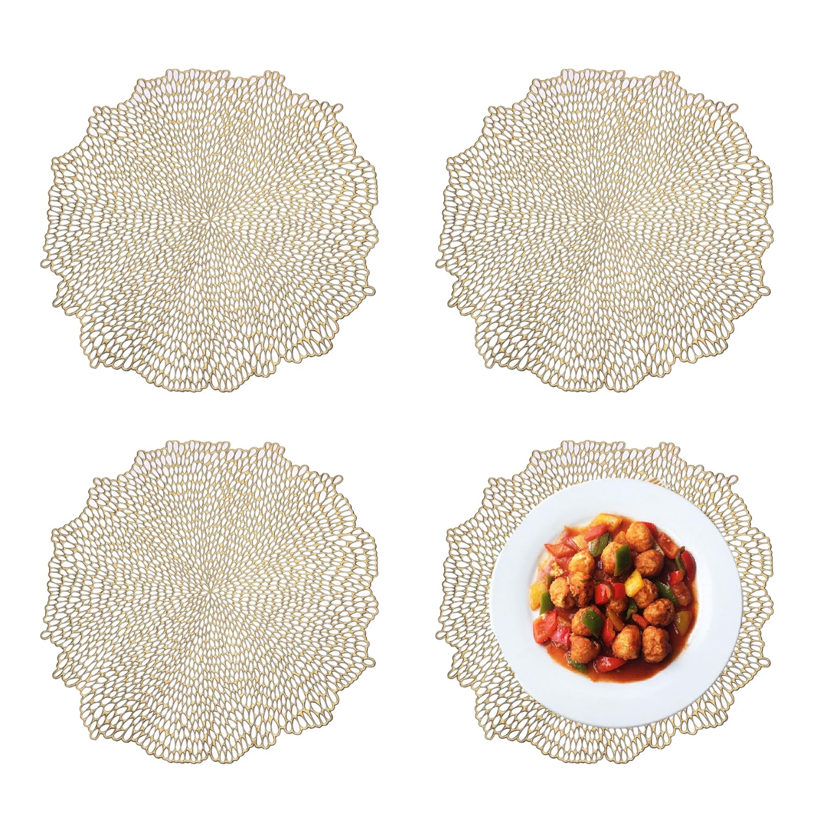 SpldsunSet of 4 Round Place Mats Gold Washable Place Mats for Kitchens, Hotels and Restaurants (38 cm Diameter)