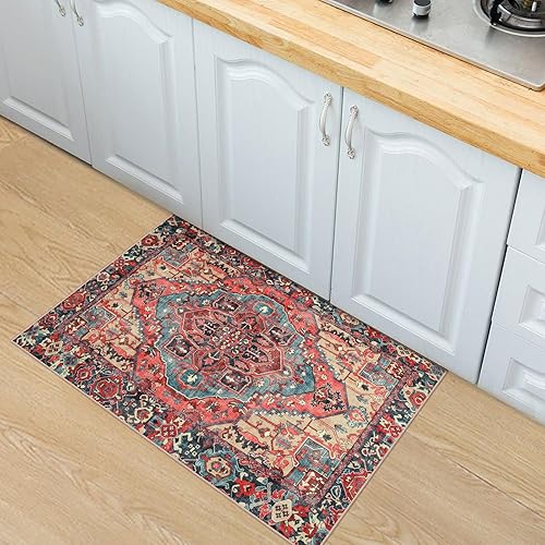 Miniatura 3 de Worxvell Alfombras de entrada de 2 x 3 pulgadas, alfombra vintage antideslizante y lavable para puerta interior, alfombra pequeña envejecida para