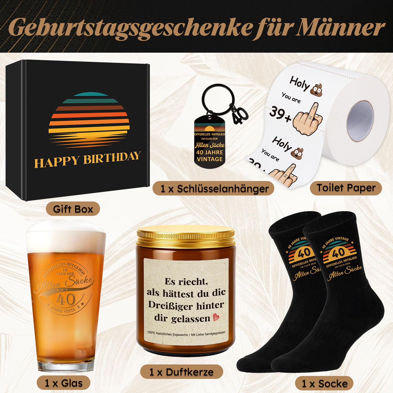 TUZELIYA 40 Geburtstag Geschenke für Männer, Alten Sacke Lustige Geburtstagsgeschenk für Männer Geschenk zum 40 Männergeschenke, Vintage Personalisierte Witziges Geschenkset für Papa, Freund, Kollegen