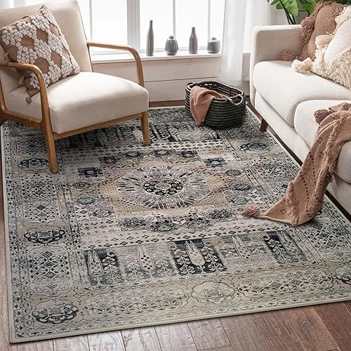 Alfombra de área de 5 x 7 pies para sala de estar, lavable a máquina con parte trasera de goma antideslizante, alfombra delgada de pelo bajo,