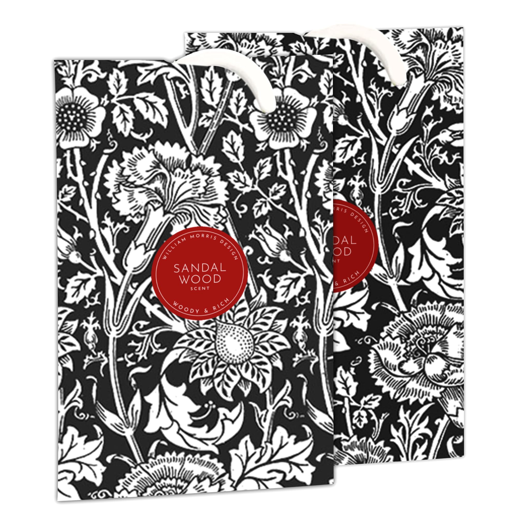 The Master Herbalist Sandalwood Scented Wardrobe Freshener Sachet in a William Morris Design in Black, Pack of 2