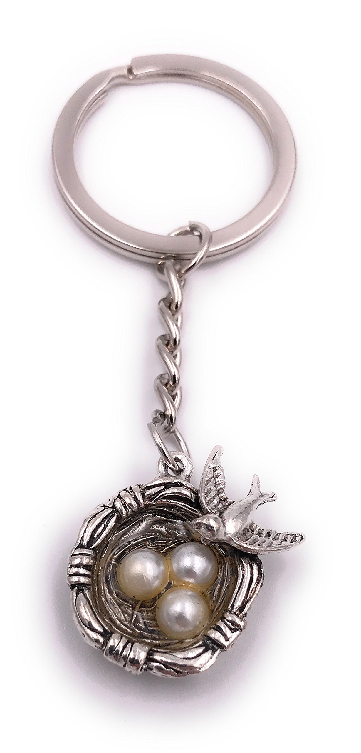 H-Customs Vogelnest Bird Bird Nest With Eggs Keychain Pendant Silver Metal
