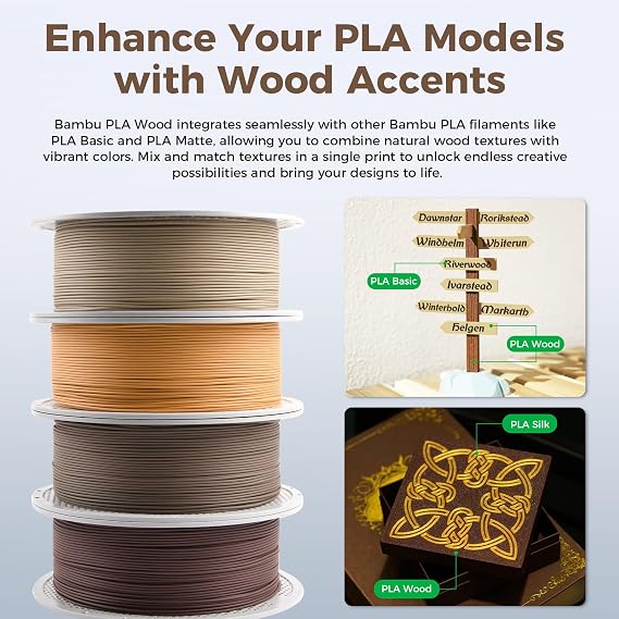 Bamboo 1.75MM PLA Wood Filament Like Real Wood High Speed &Easy Printing Eco Friendly with RFID for Bambu Lab A1,A1MINI,X1,P1 AMS 1KG +/- 0.03mm Black Walnut 13107
