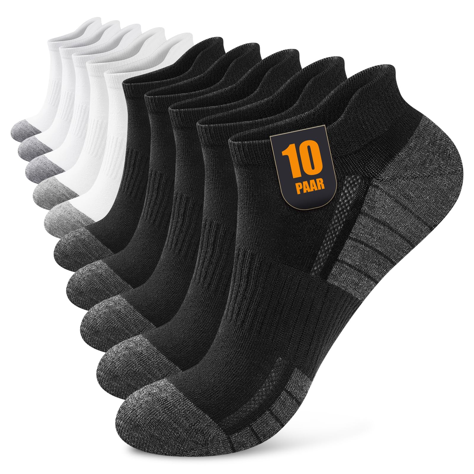 Effeet Sneaker Socken Herren Damen 10 Paar, Atmungsaktive Baumwolle Sportsocken, Kurz Halbsocken Laufsocken Schwarz | Weiß 43-46