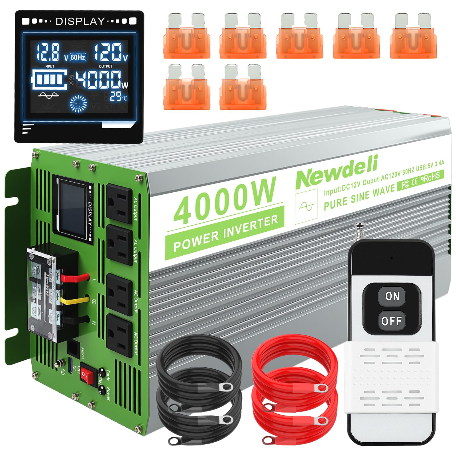 Newdeli 4000 Watt Power Inverter 12V DC to 110V 120V AC Pure Sine Wave Inverter with LCD Display, Remote Controller, 4 AC Outlets and 5V 3.4A USB Port for Vehicles Car Truck RV Solar System Home