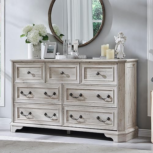 T4TREAM Farmhouse 7 Drawers Dresser for Bedroom, 54" Wide Wood Rustic Chest of Drawers with Natural Texture, Vintage Design, Storage Dressers Organizer for Bedroom, Living Room, Distressed White